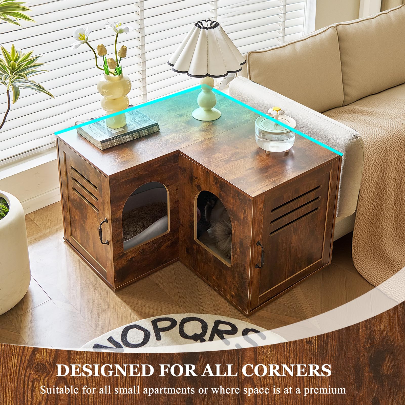 JanflyHome Corner Litter Box Enclosure, 31.5 Hidden Litter Box Furniture for 2 Cats, Indoor Cat House End Table with Double Room