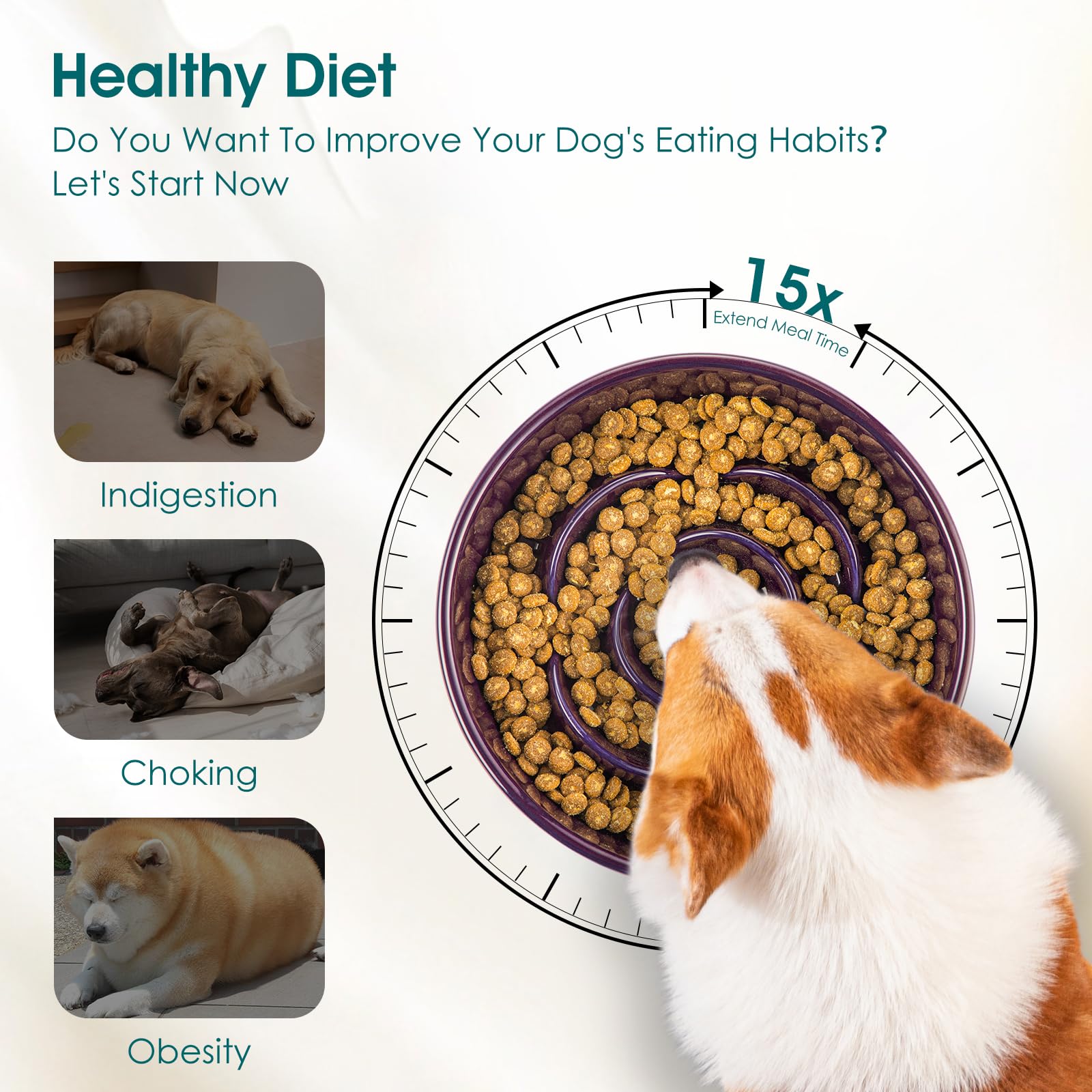 vancasso Slow Feeder Dog Bowl, 1.5 Cups Ceramic Slow Feeder for Medium Breed, Puzzle Maze Food Dog Bowl for Fast Eater, Dark Pur
