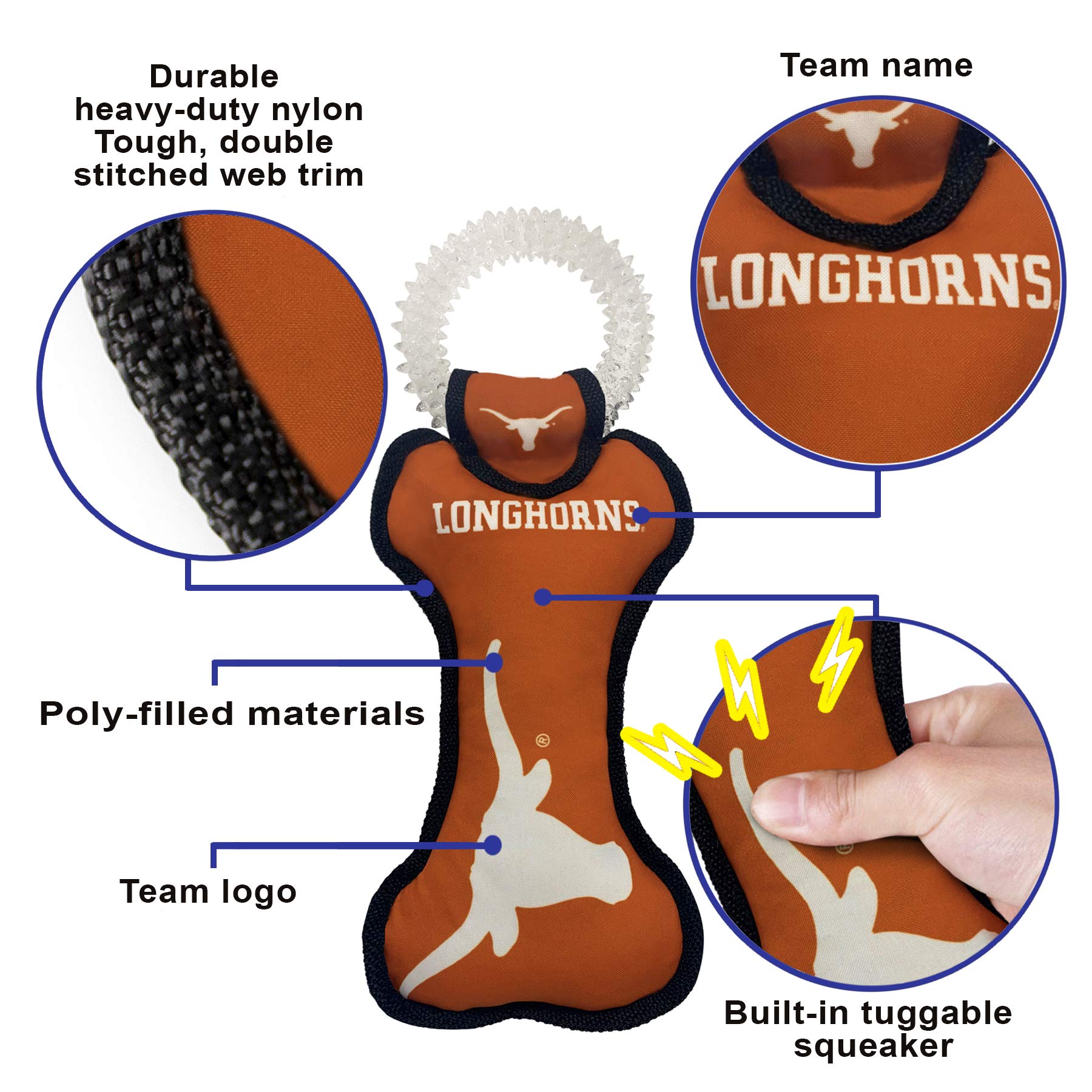 Pets First Ncaa Texas Longhorns Dental Dog Tug Toy With Squeaker. Tough Pet Toy For Healthy Fun, Teething & Cleaning Pets Teeth