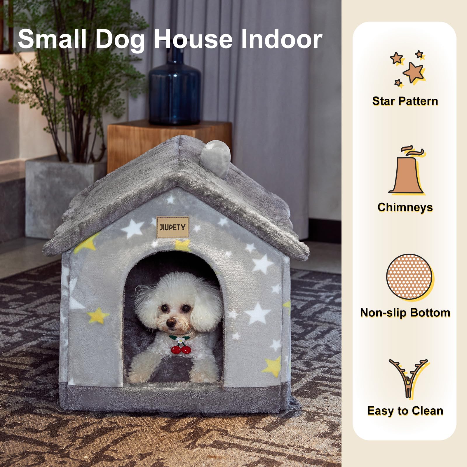 Jiupety Cute Small Dog House Indoor, Foldable House Kennel Bed Mat with Cushion, L Size Dog Tent Up to 30 lbs, Dog Cave Bed with