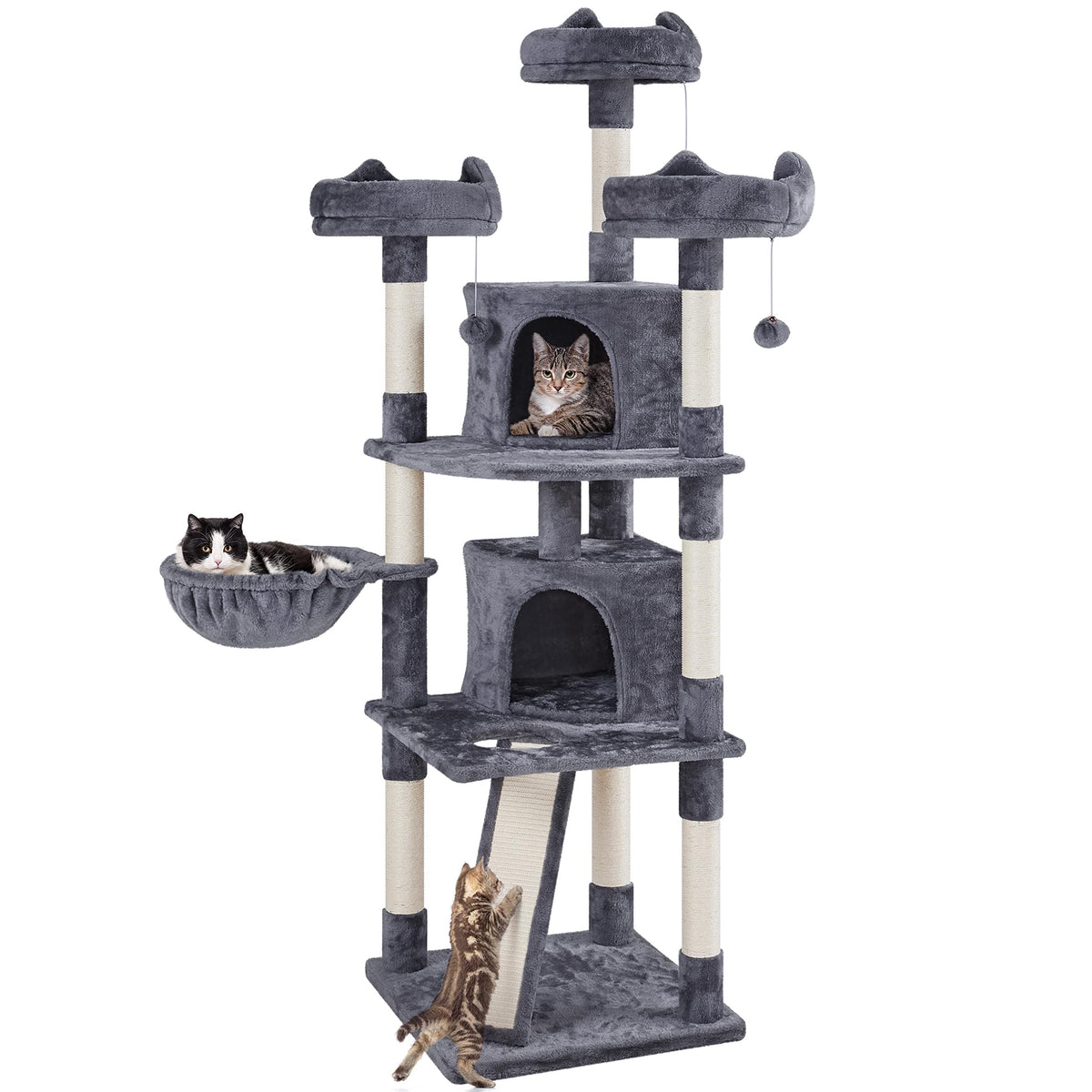 Yaheetech 76''H Large Cat Tree, Multilevel Cat House Plush Cat Tower With 2 Condos & 8 Scratching Posts For Kittens, Dark Gray