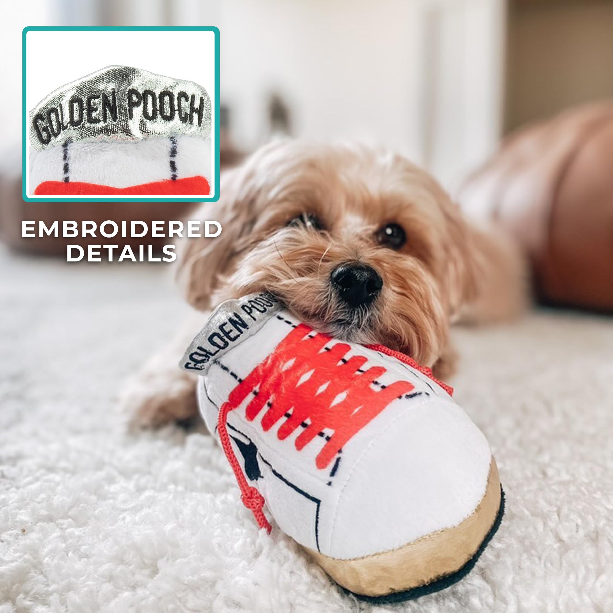 Haute Diggity Dog Original Golden Pooch Tennis Shoe, Plush Designer Dog Toys With Interactive Squeaker, Stimulating Pet Enrichme