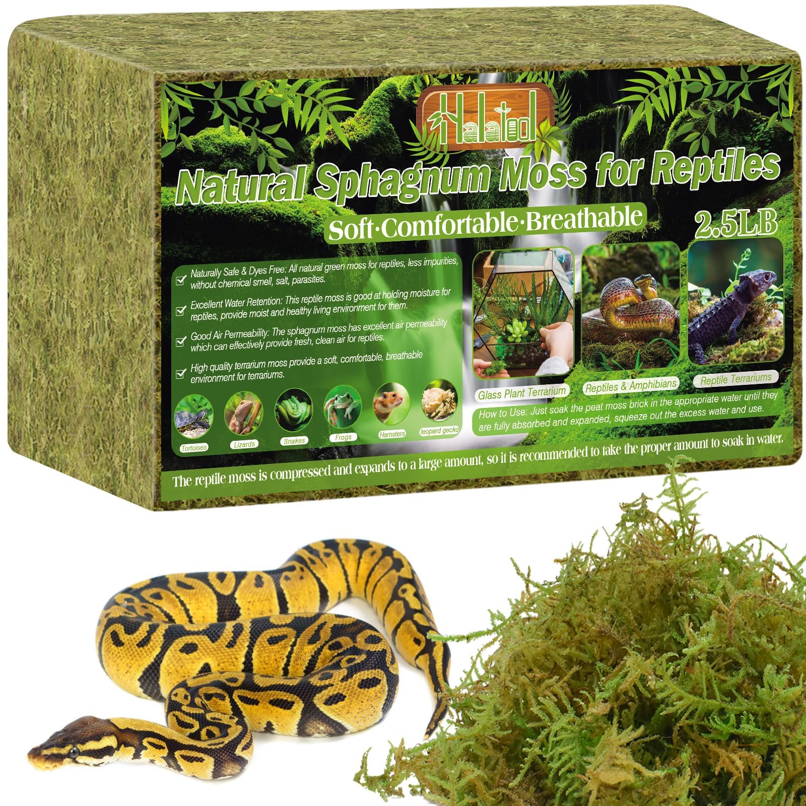 Halatool 2.5Lb Natural Sphagnum Moss For Reptiles- 60Qt Green Live Moss For Terrarium Plants Long Fiber Reptile Moss For Leopard