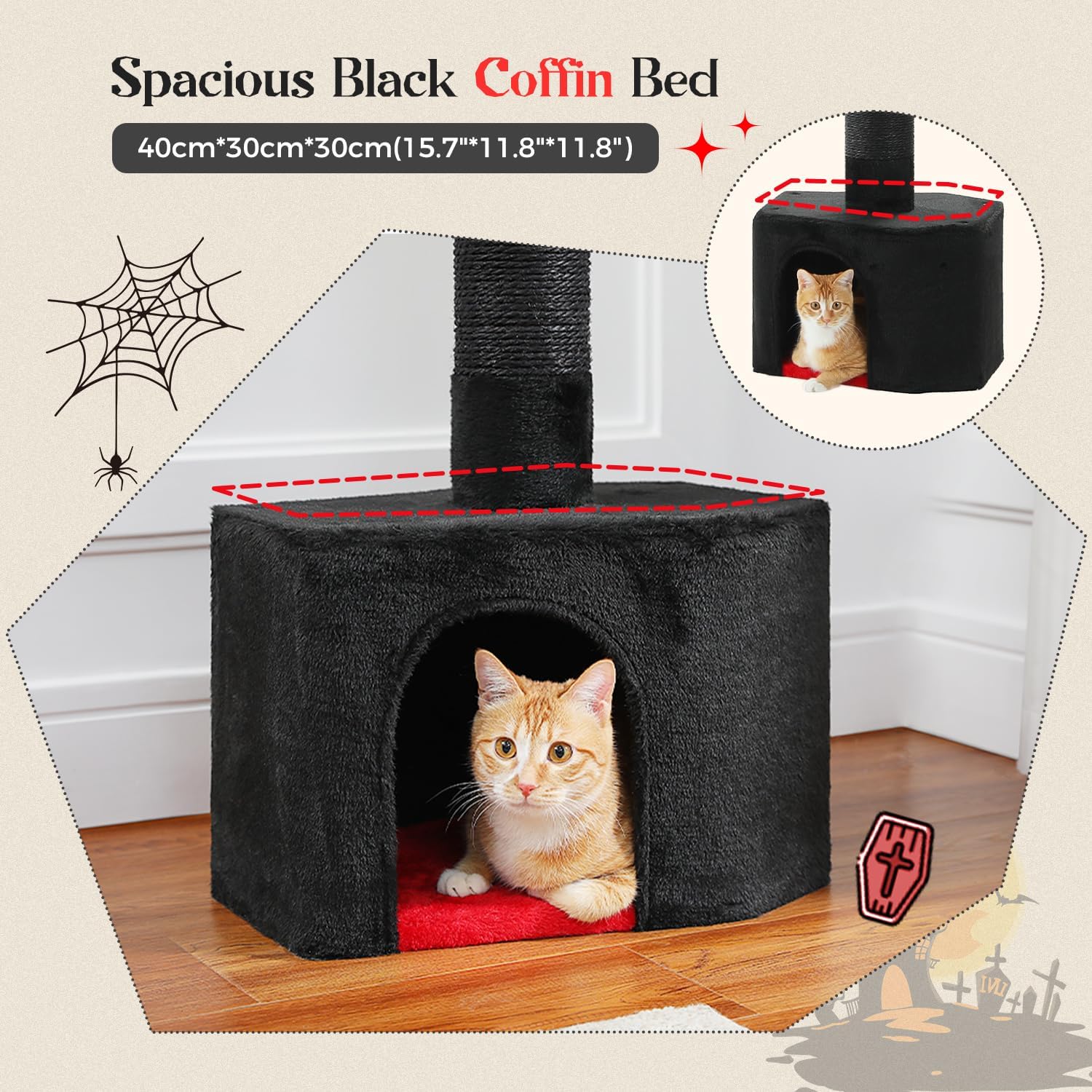 Pawz Road Gothic Cat Tree, Floor To Ceiling Cat Tower With Adjustable Height (86.8-120 Inches), 5 Tiers Black Cat Condo With Coz