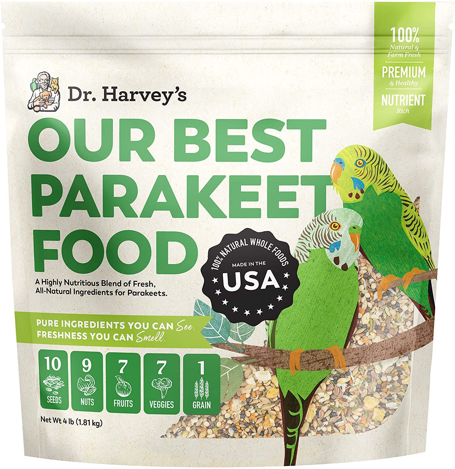 Dr. Harvey's Parakeet Food - Wholesome Seeds, Nuts & Fruits - 4 lb Pack