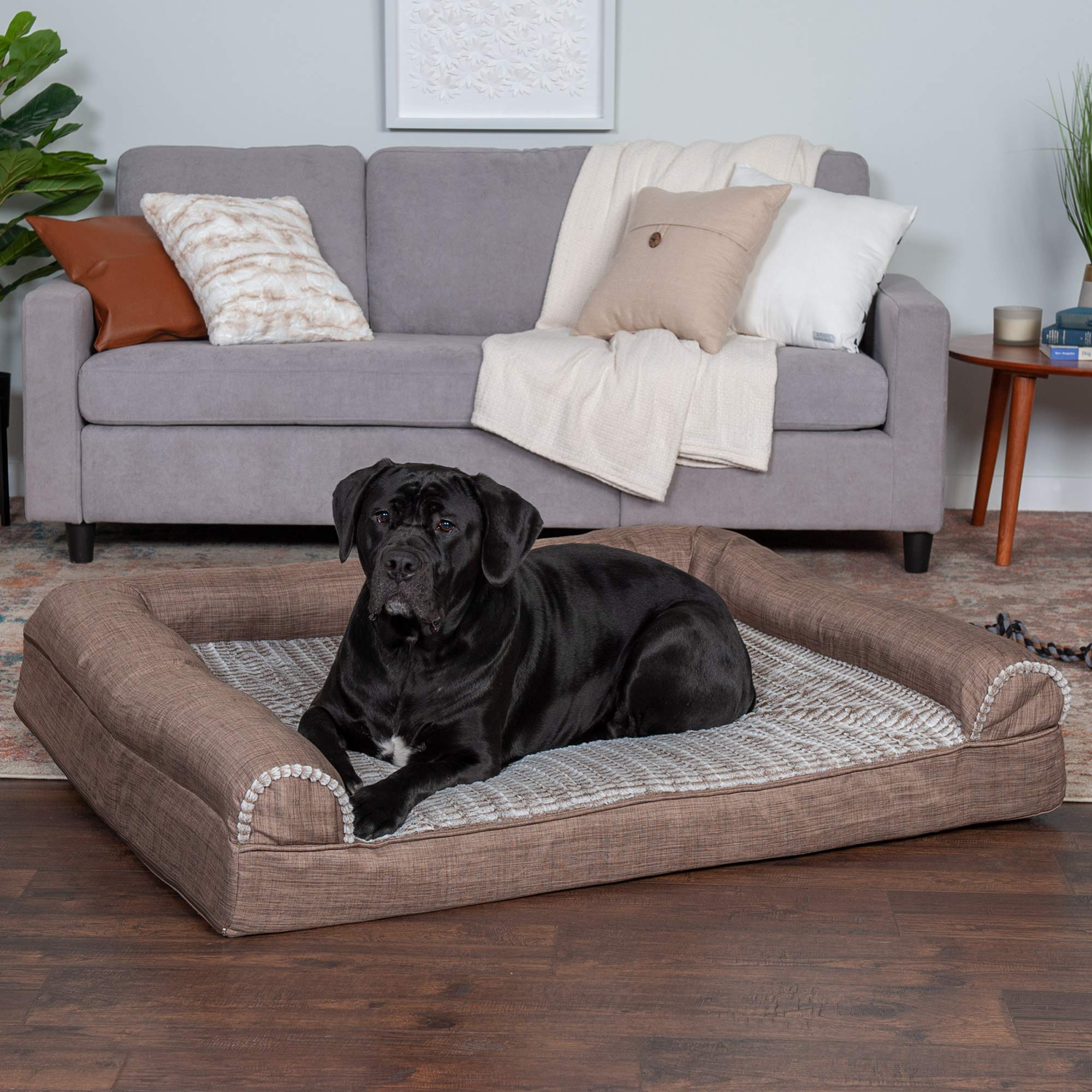 Furhaven Cooling Gel Dog Bed for Large Dogs w/ Removable Bolsters & Washable Cover, For Dogs Up to 125 lbs - Luxe Faux Fur & Per