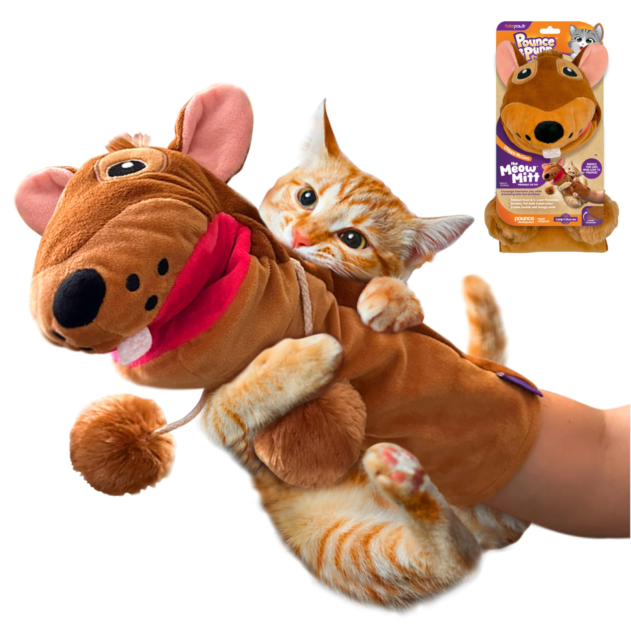 Pounce & Purr Meow Mitt Wearable Cat Toy - Chippy McGee Plush Mitten with Catnip & Silvervine, Crinkle Sounds, Dangling Arms & 2