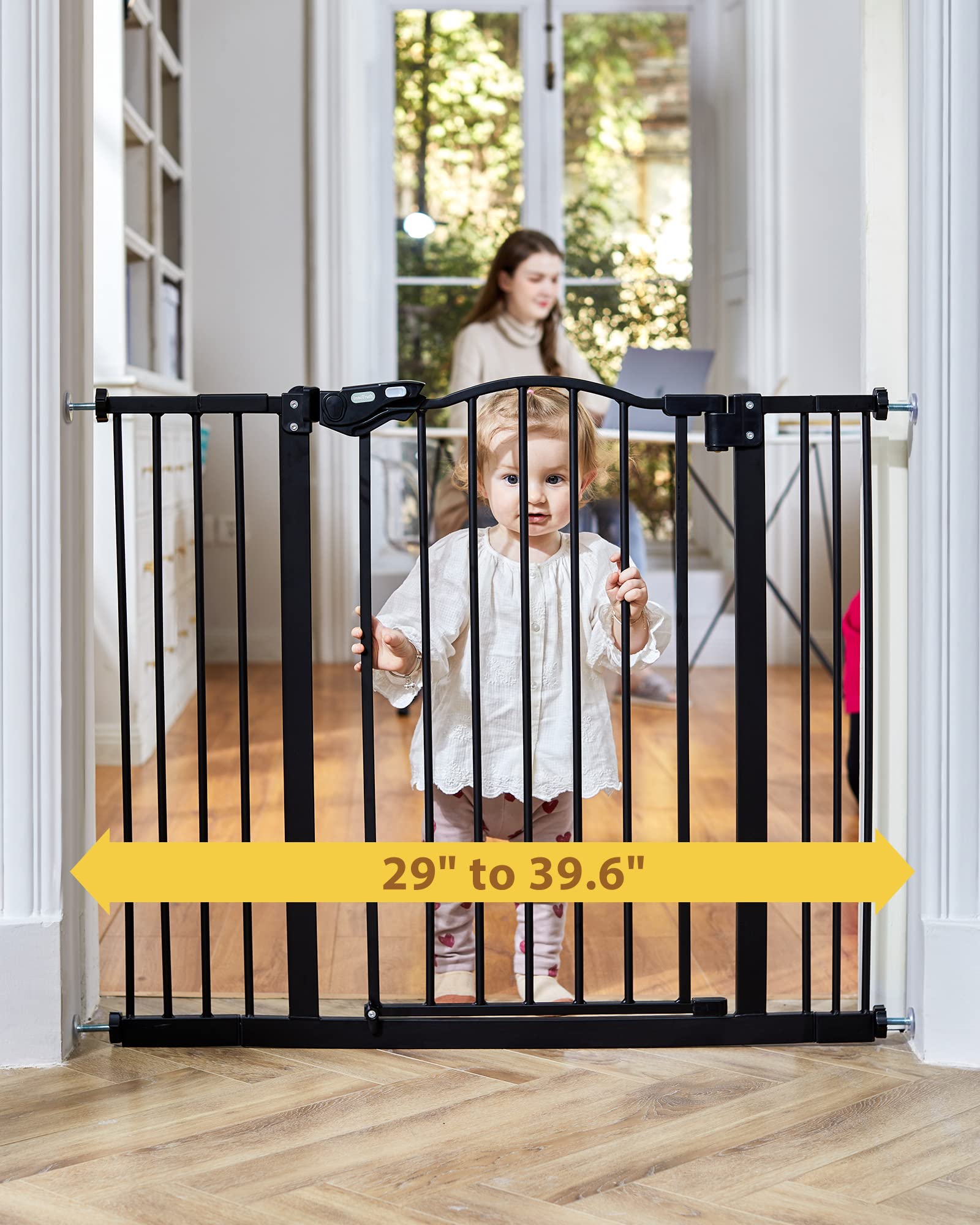 Innotruth 29-39.6” Baby Gate For Stairs & Doorways, 30' Tall Pressure Mount Pet Gates, Easy Step Auto Close Both Sides Walk Thru Child Gate, Dual-Lock Safety Design And One-Hand Operation, Black