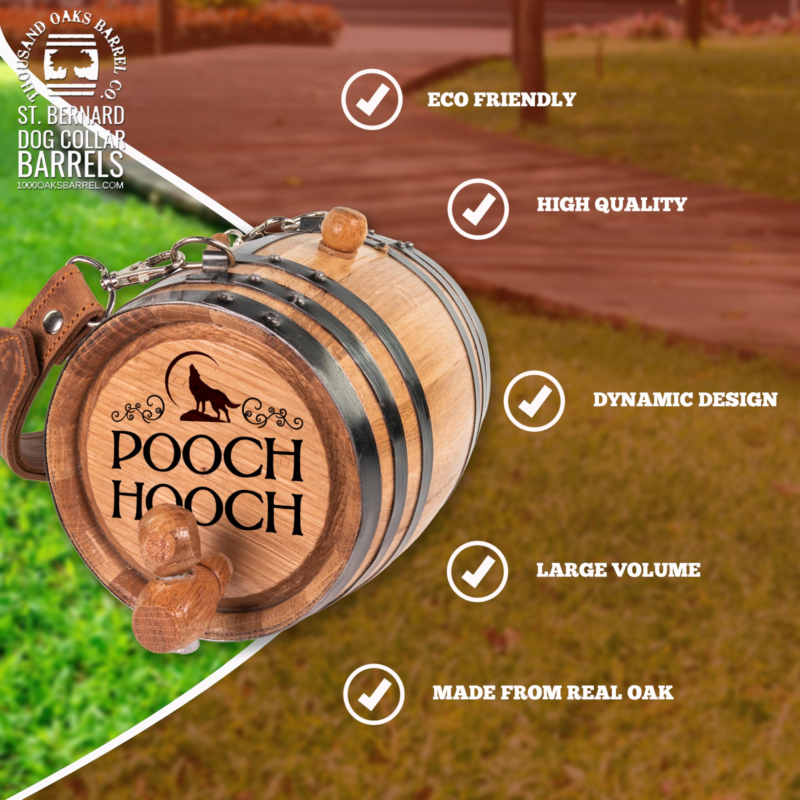 THOUSAND OAKS BARREL St Bernard Whiskey Barrel Dog Collar - 1/2 Liter Oak Dispenser with Adjustable Leather Harness Strap