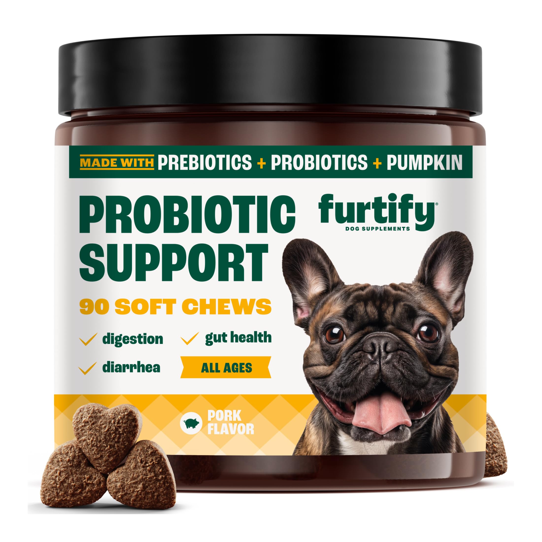 Furtify Probiotics for Dogs with Prebiotics, Fiber, Chicory Root & Pumpkin I 8-Strain Pre and Probiotic Dog Chews | Dog Probioti