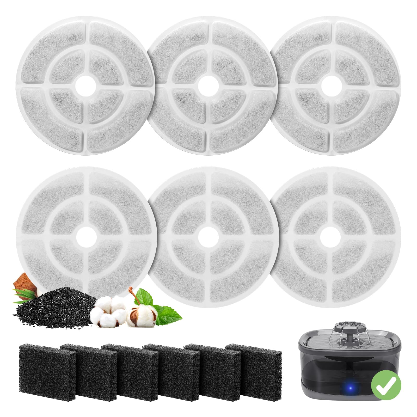 6 Pack Replacement Filters for 2.5Gal/9.5L Dog Water Fountain, GISOFIK 18CM Larger Cat Water Fountain Filters, Coconut Activated