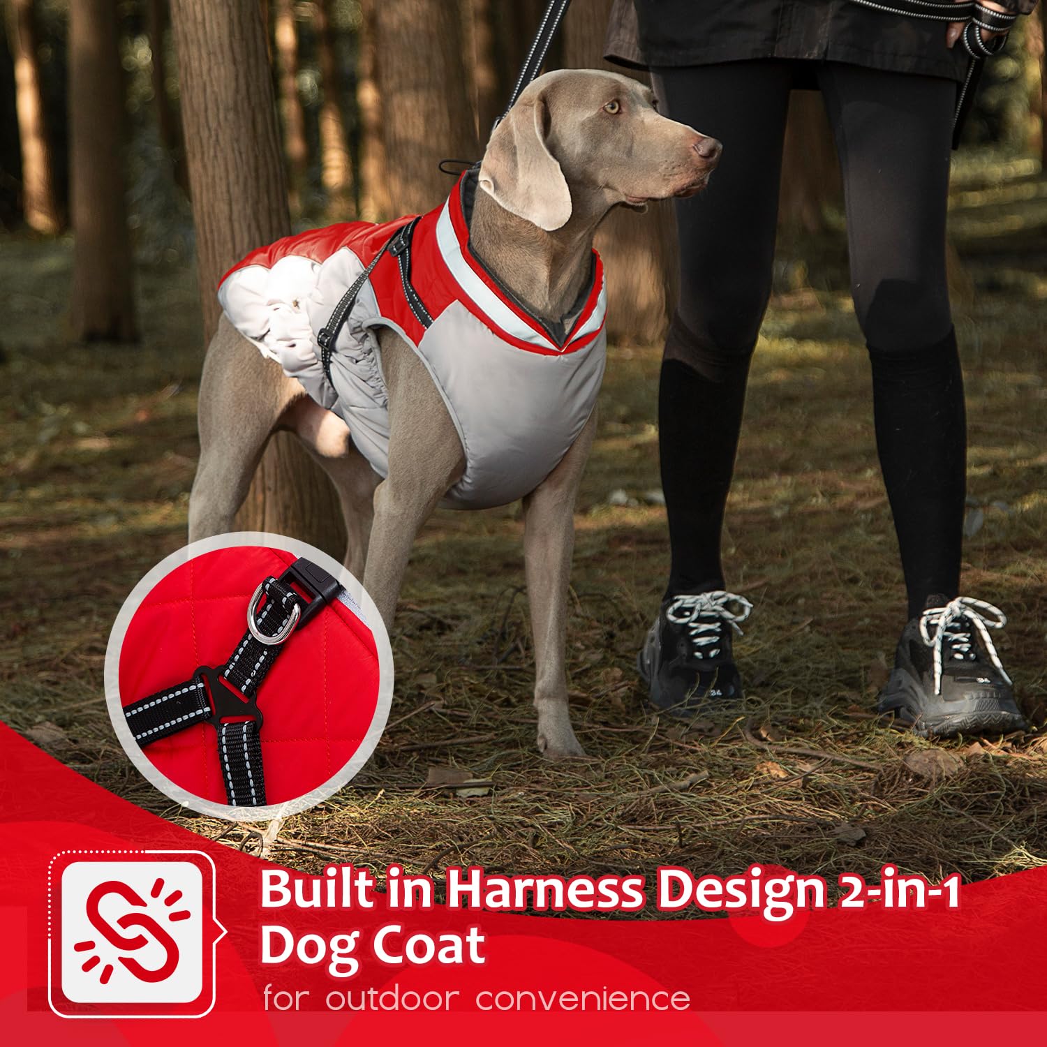 Abuandi Dog Winter Coat with Harness, Dog Jacket Clothes with Zipper on Back, Waterproof Windproof Warm Vest, Reflective Cold We