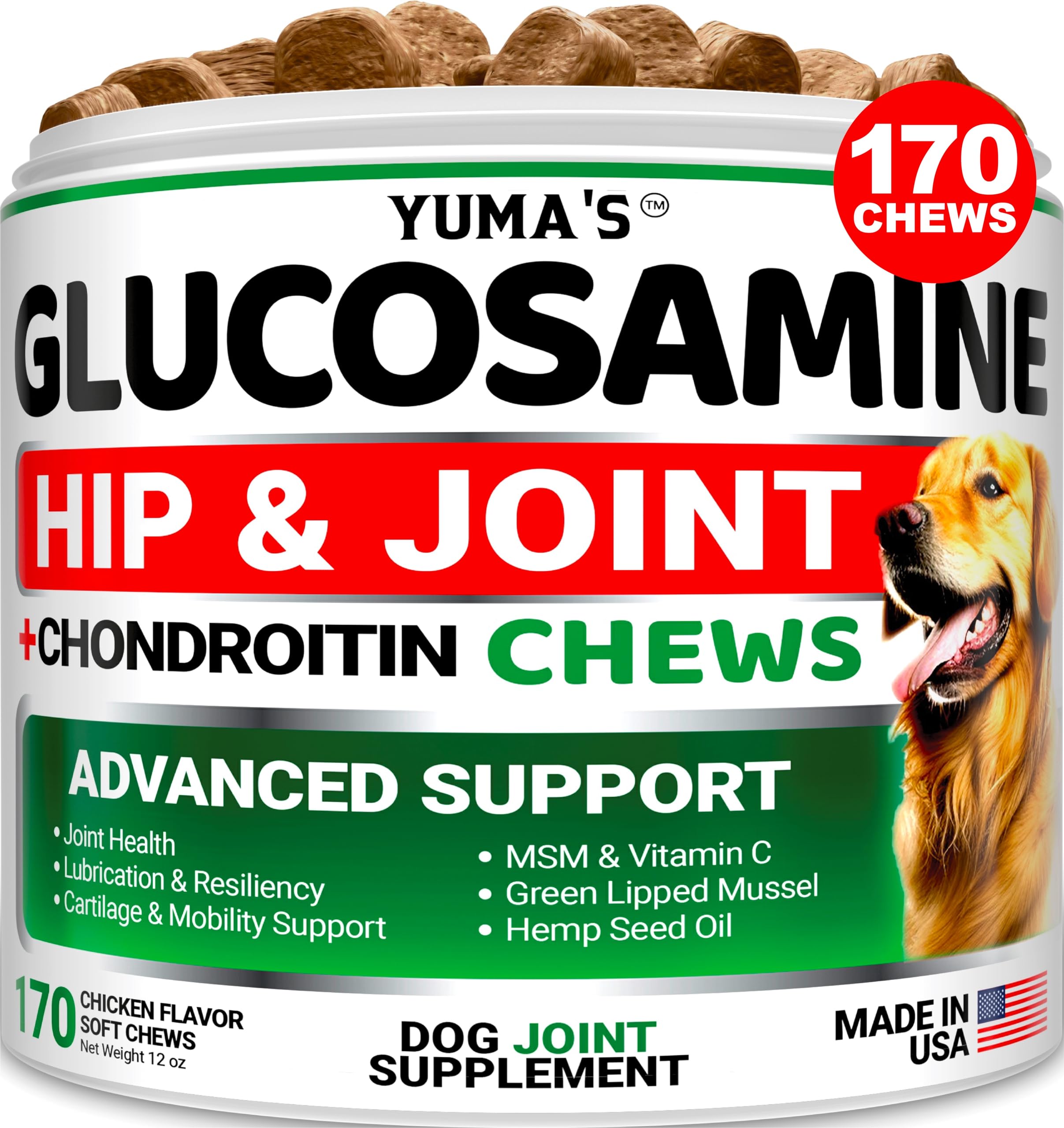 YUMA S Glucosamine for Dogs - Hip and Joint Supplement for Dogs - 170 Ct - Glucosamine Chondroitin Chews - Joint Pain Relief Su