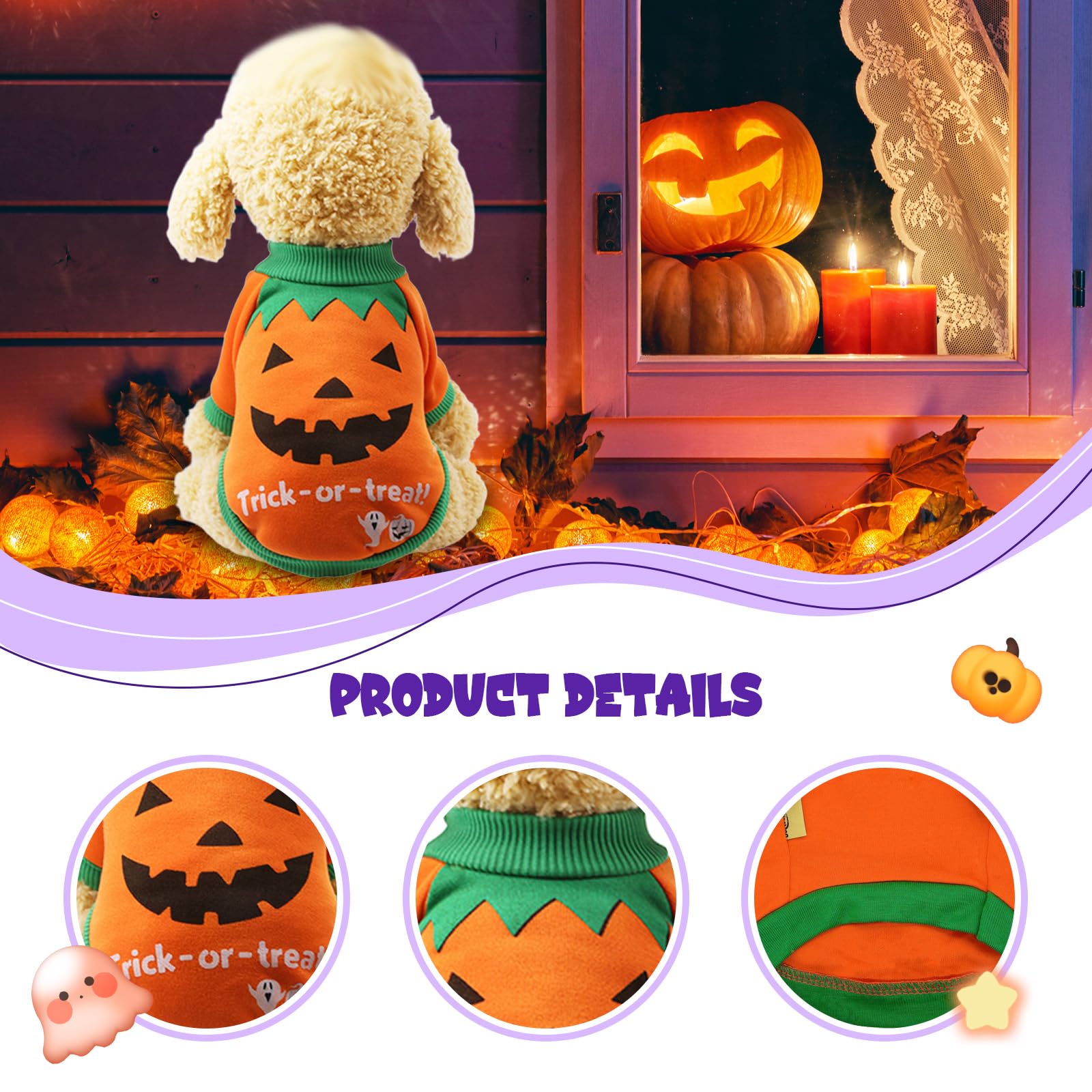 Vavious Dog Sweater Pumpkin Smiley Halloween Pet Costume Pet Tshirt Dog Tees For Small Dogs Chihuahua Clothes 01-Orange X-Small