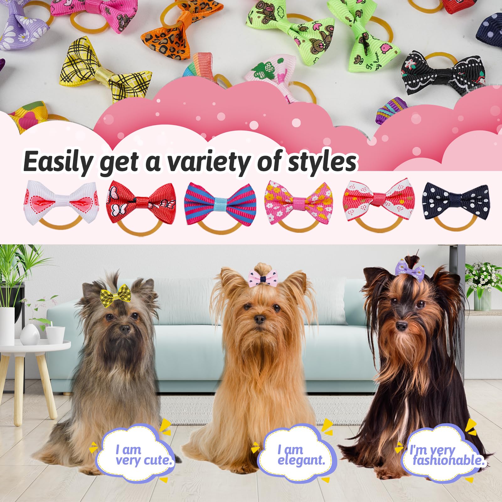 Chenkou Craft 50Pcs/25Pairs Puppy Yorkie Dog Hair Bows With Rubber Band Pet Grooming Products Mix Colors Varies Patterns Pet Hair Bows Dog Accessories