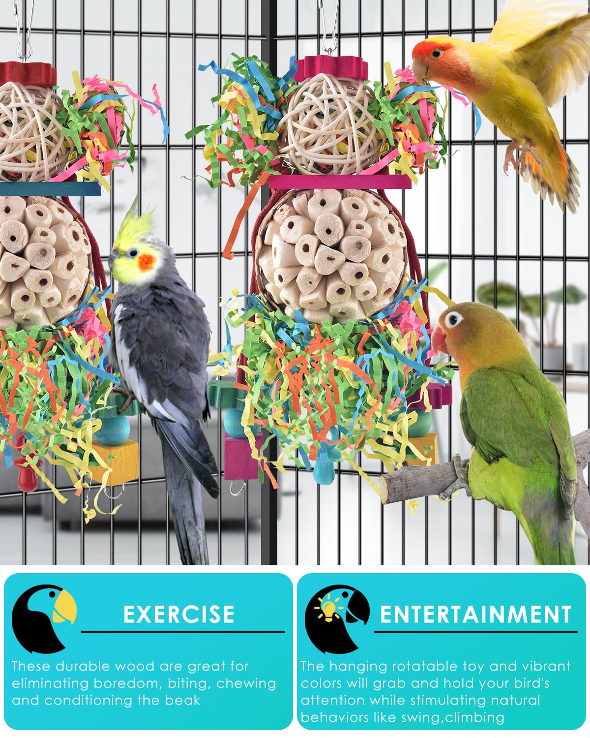 Bissap 2Pcs Bird Parrot Foraging Shredder Hanging Toys Sola Balls Sepak Takraw With Pacifier For Small Parrots Parakeets Conures