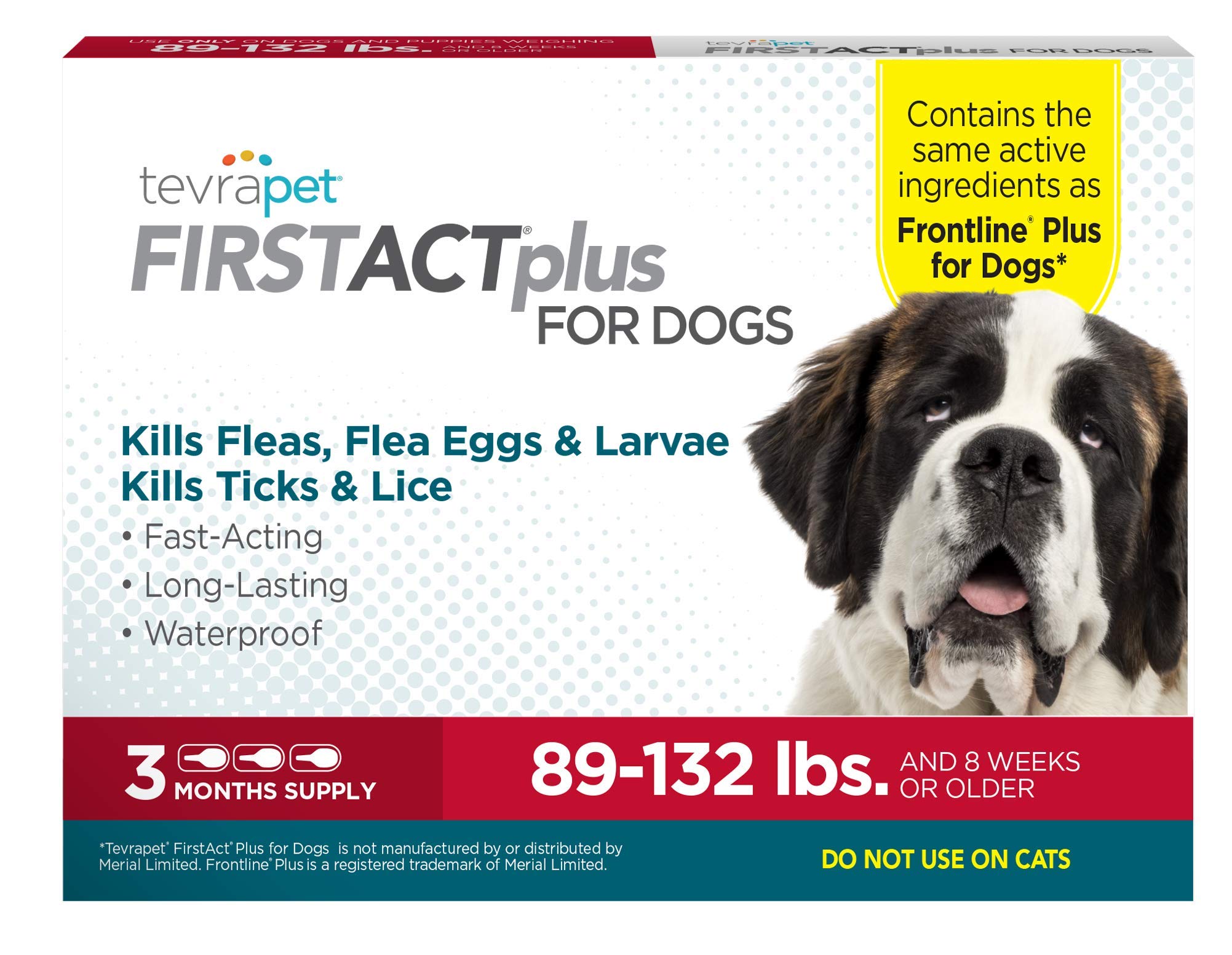 TevraPet FirstAct Plus Flea and Tick Prevention for X-Large Dogs 89+ lbs, 3 Monthly Doses, Topical Drops