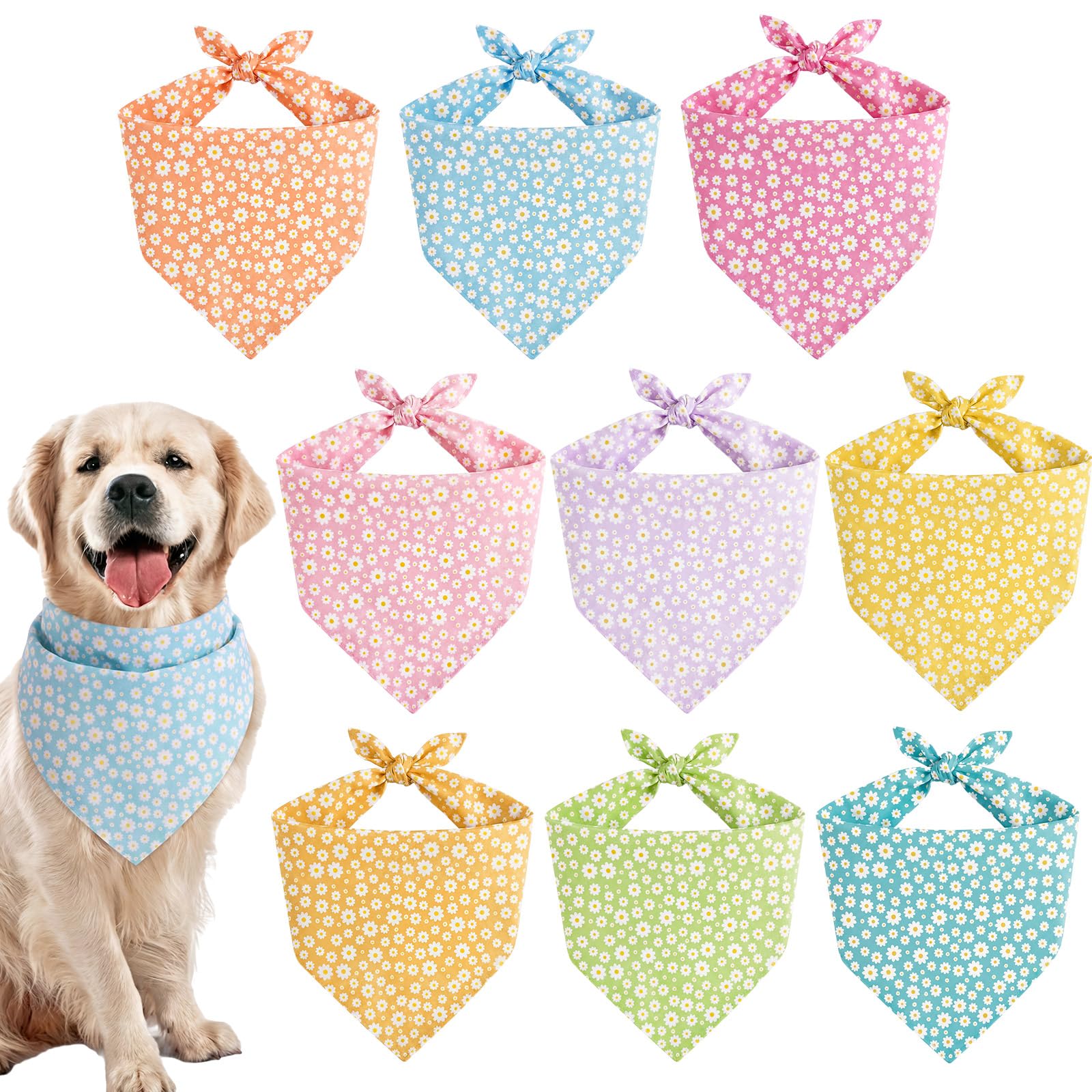 Weewooday 9 Pcs Summer Daisy Dog Bandanas Spring Floral Birthday Handkerchief Scarf Adjustable Large Pet Washable Scarves for La