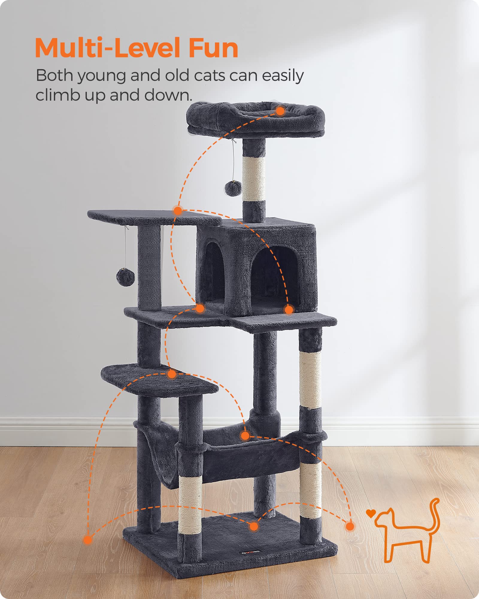 Feandrea Cat Tree, 56.3-Inch Cat Tower For Indoor Cats, Multi-Level Cat Condo With 4 Scratching Posts, 2 Perches, Hammock, Cave, Smoky Gray Upct161G01