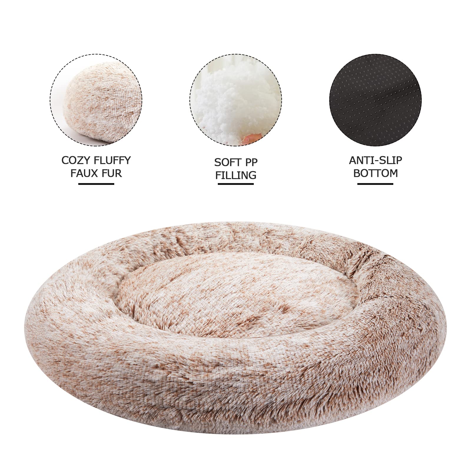 Bedfolks Calming Donut Dog Bed, 45 Inch Round Plush Bed For Extra Large Dogs, Anti-Anxiety, Washable With Non-Slip Bottom (Brown