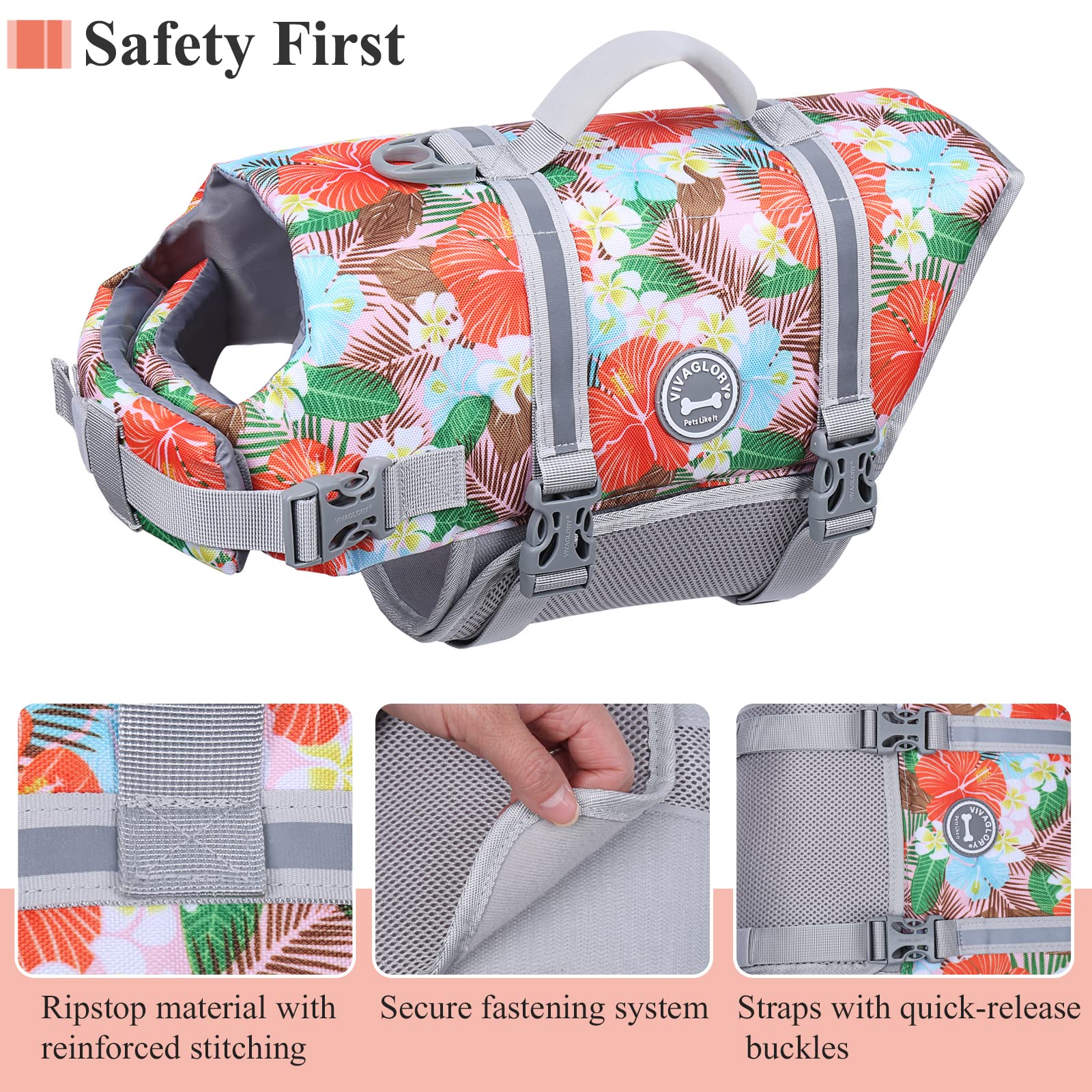 Vivaglory Ripstop Dog Life Jacket For Boating, Dog Lifejackets Swimming Vest Enhanced Visibility Buoyancy Safety, Floral Orange,