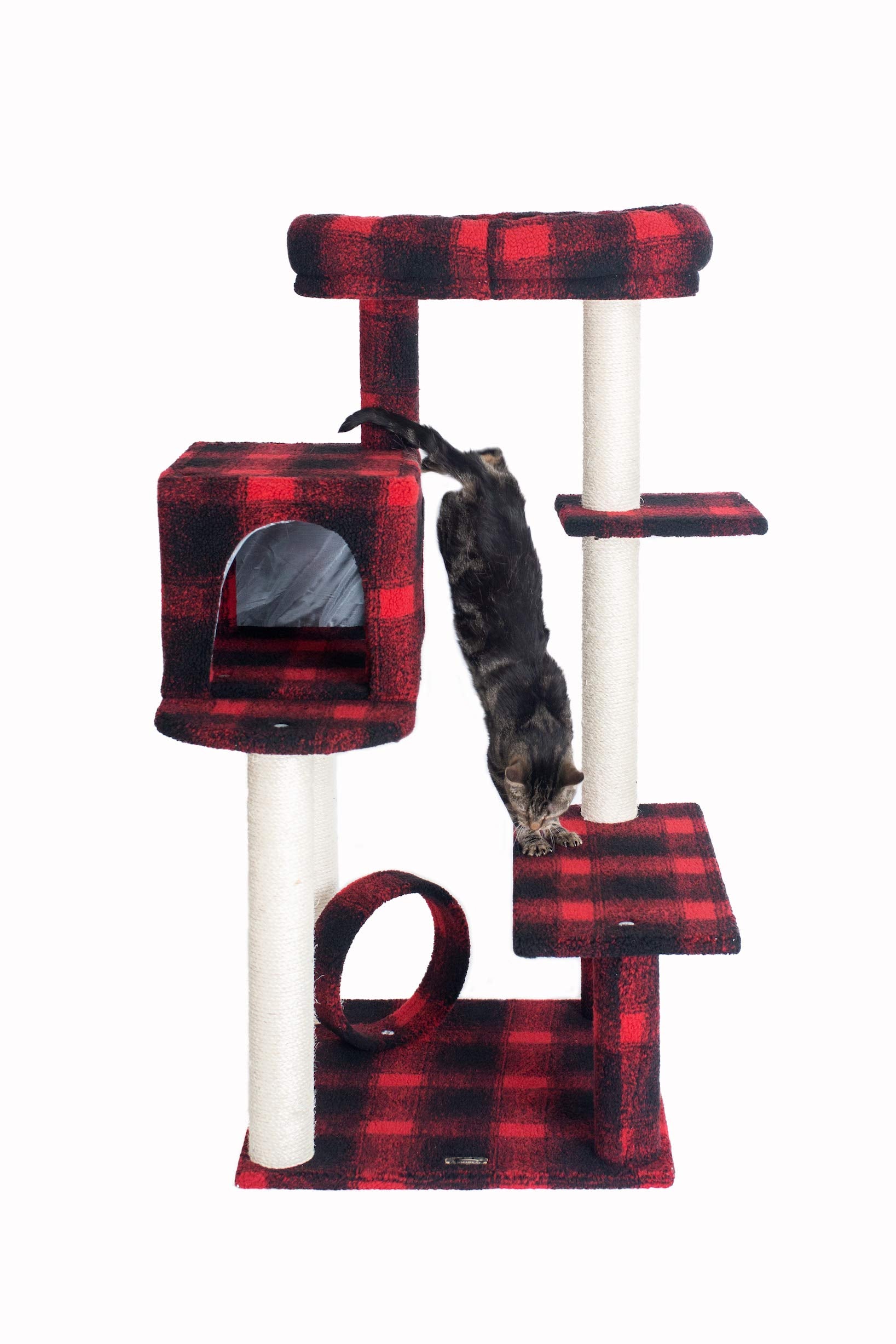 Armarkat Model B5008 50-Inch Real Wood Cat Tree With Veranda, Bench, Mini Perch, And Spacious Lounger In Scotch Plaid, Black/Red, 31''(L) X 28''(W) X 50''(H)