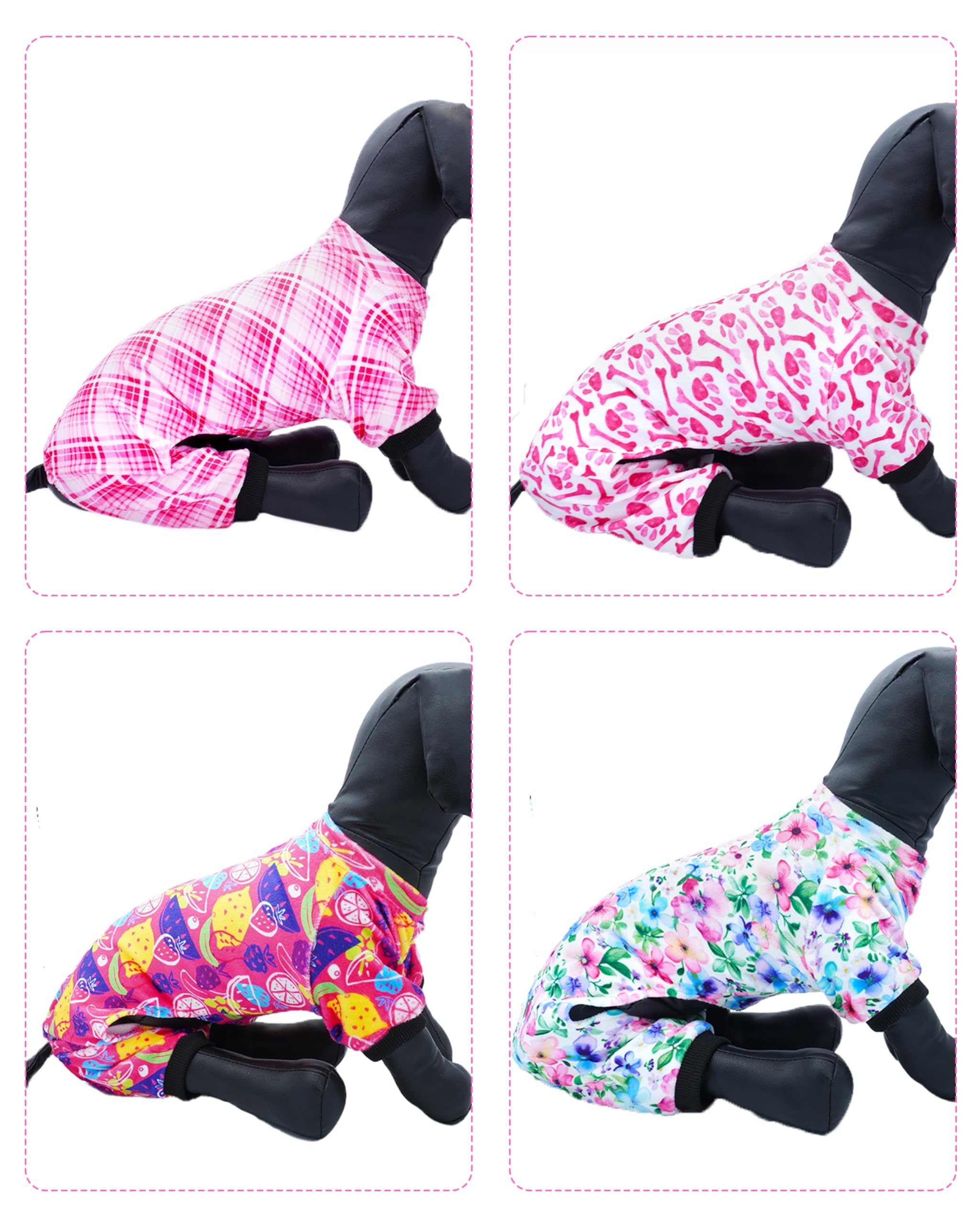 Pet Show 4 Pack Small Dog Pajamas Cute Paw Bone Clothes Doggies Soft Stretchy Pjs Plaid Jumpsuit Puppy Cats Floral Fruits Onesie