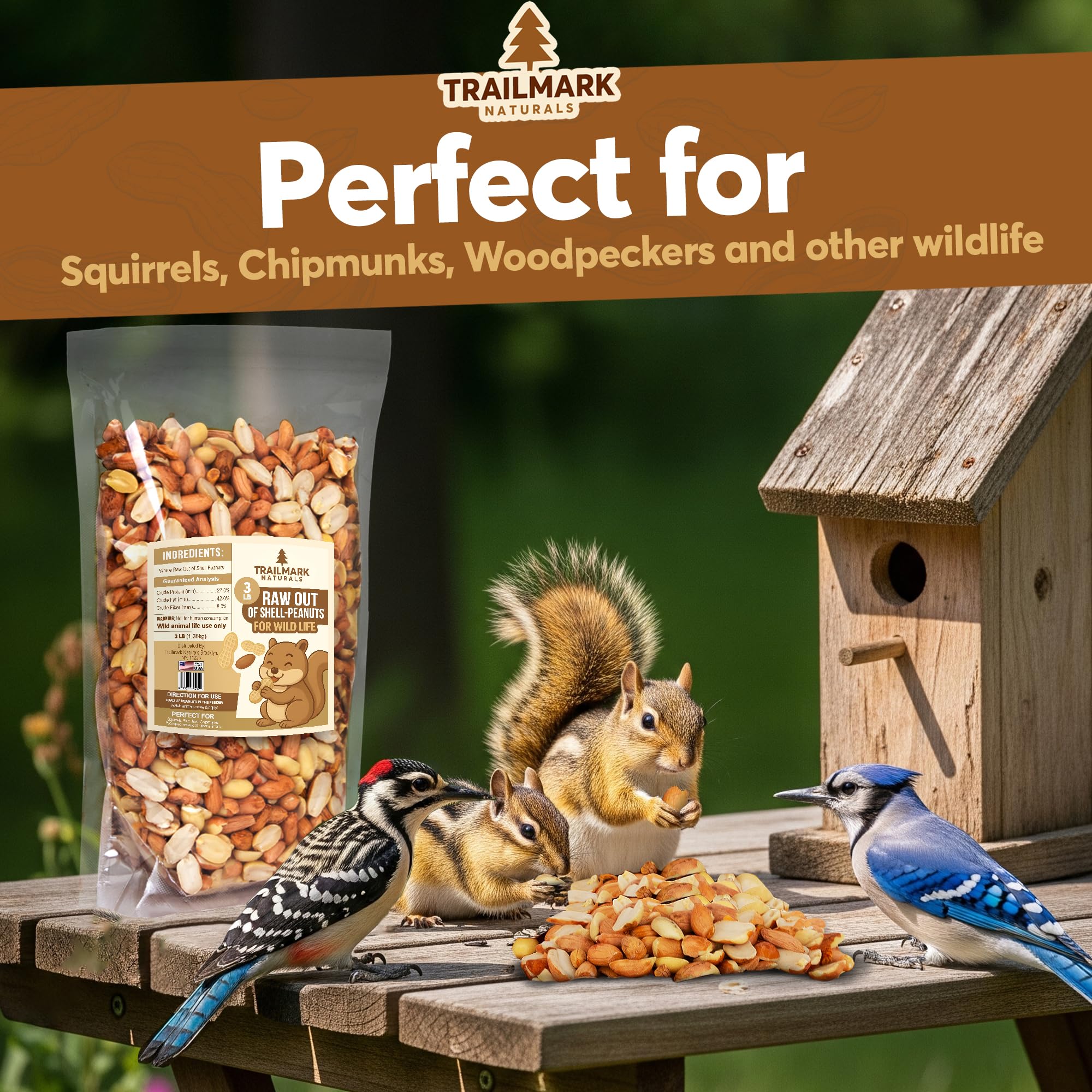 Trailmark Naturals - 3 LB - Raw Shelled Peanuts For Squirrels, Out of Shell Peanuts For Birds and Wildlife- Squirrel Food, Wild