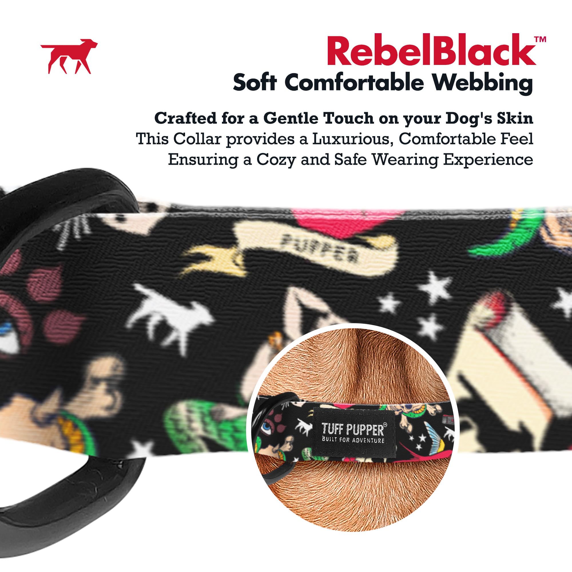Tuff Pupper Premium Adjustable Dog Collar for Large Dogs, Stylish Pattern Collars Designed in USA, Quick Release Buckle, RebelBl