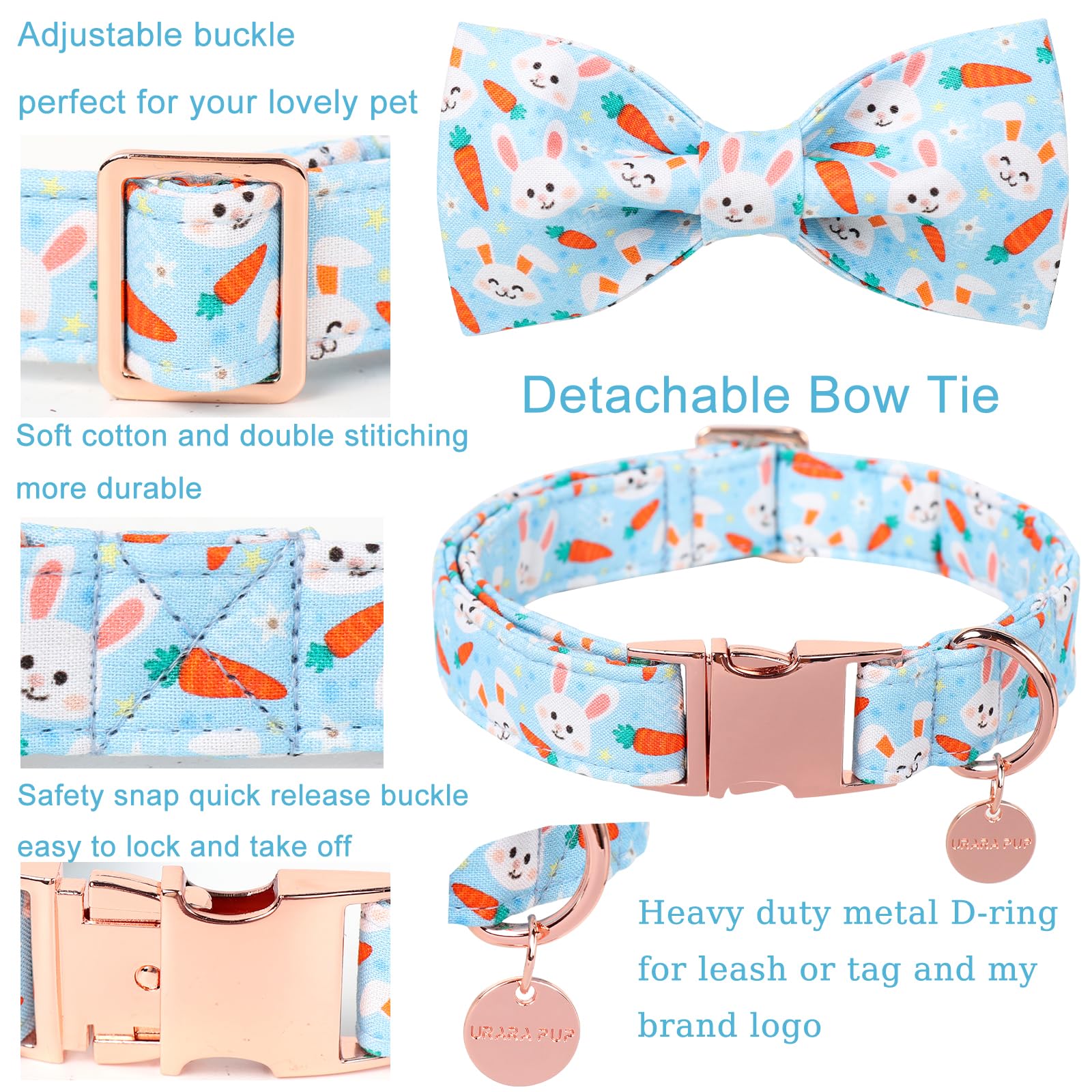 Up Urara Pup Easter Dog Collar With Bow Tie, Cotton Carrot Bowtie For Large Girl Boy Dog, Cute Bunny Pet Collar With Metal Buckl