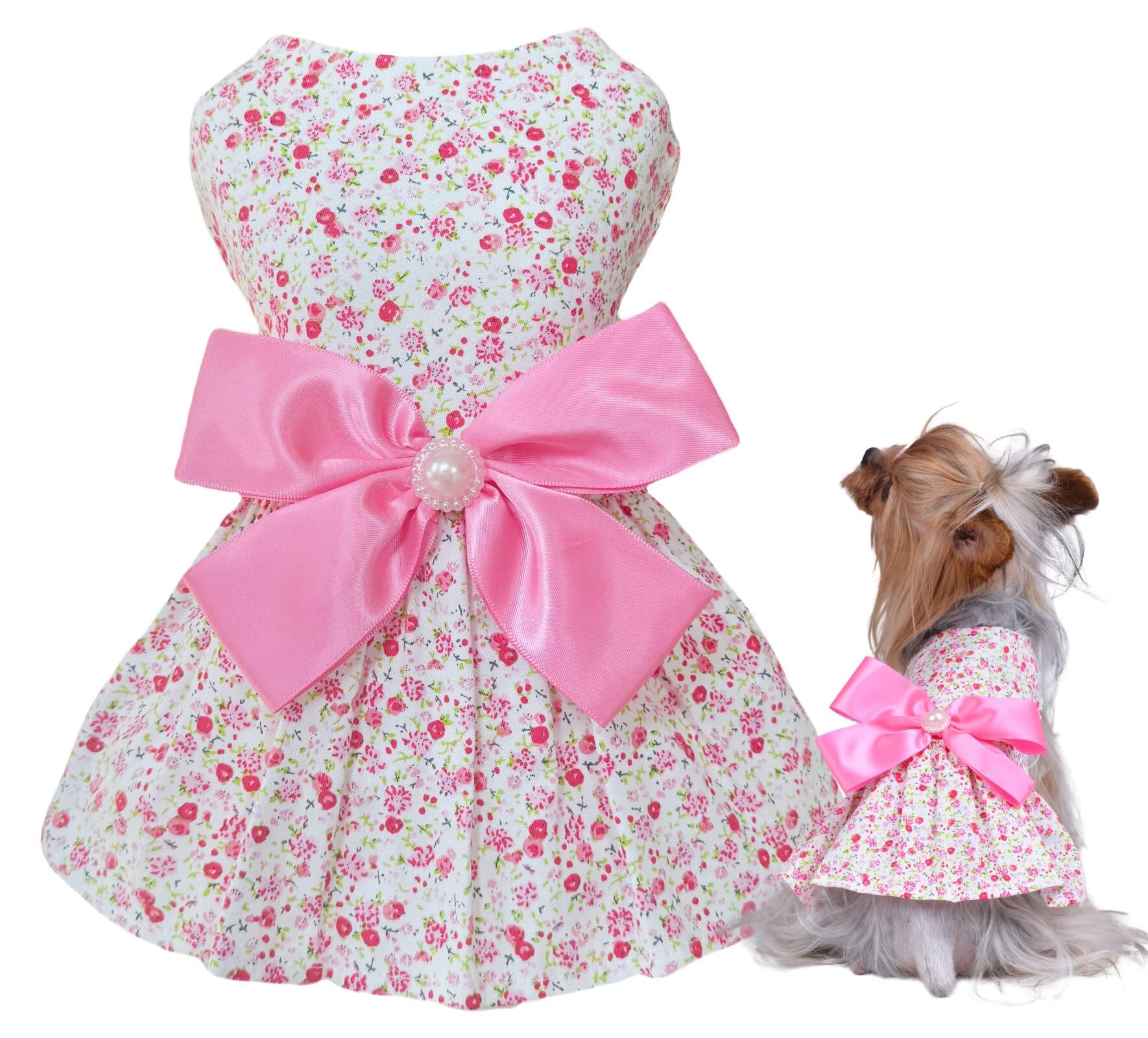 Msnfoasm Floral Print Dog Dress With Satin Bow And Pearl For Small Dogs Girl, Cat Apparel,Pink, X-Small