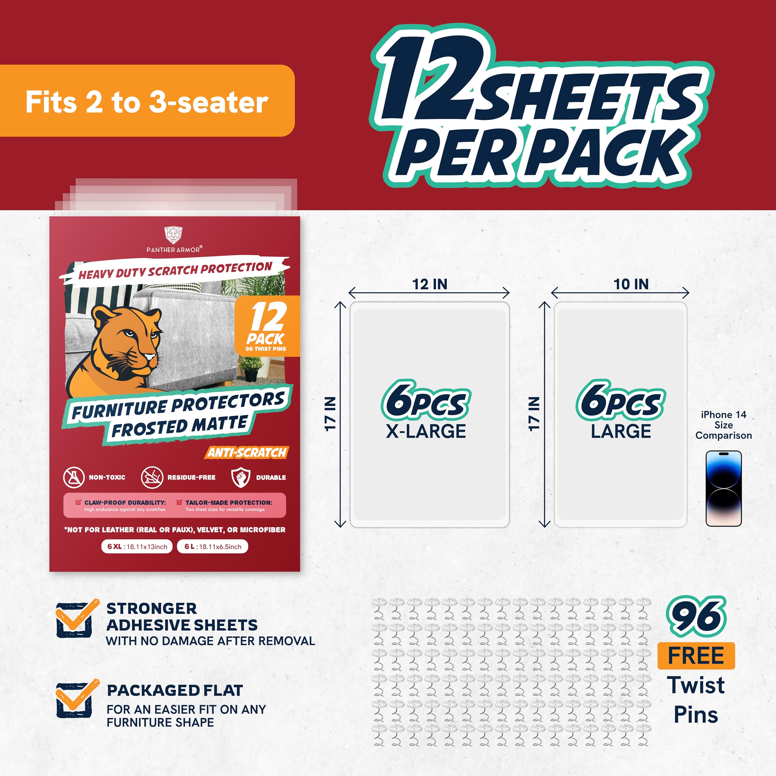 Panther Armor Frosted Matte Cat Scratch Furniture Protectors, 12-Packs Heavy Duty Anti-Scratch Couch Protector, Keep Cats From Clawing Furniture