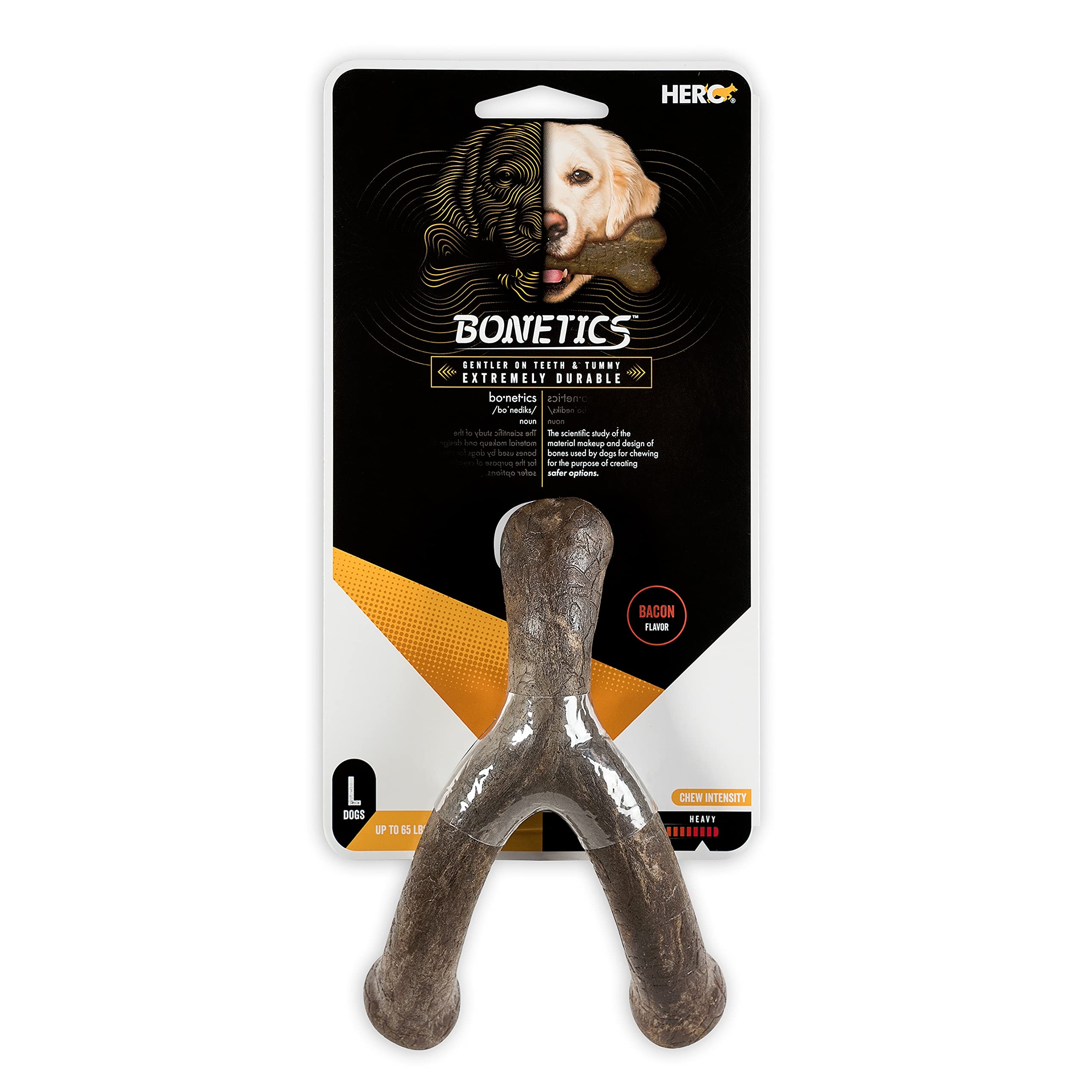 Hero Bonetics Wishbone Dog Bones for Large Dogs (Up to 65 lbs) - Bacon Flavor, Nylon, Model 64311