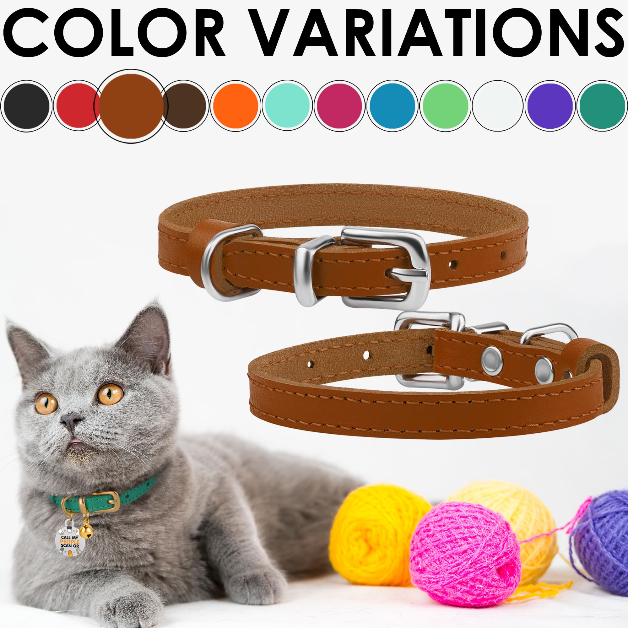Bronzedog Leather Cat Collar With Removable Bells Non Breakaway Kitten Qr Tag For Girl Boy (9' - 12' Cats/Mini Dogs, Light Brown & Silver)