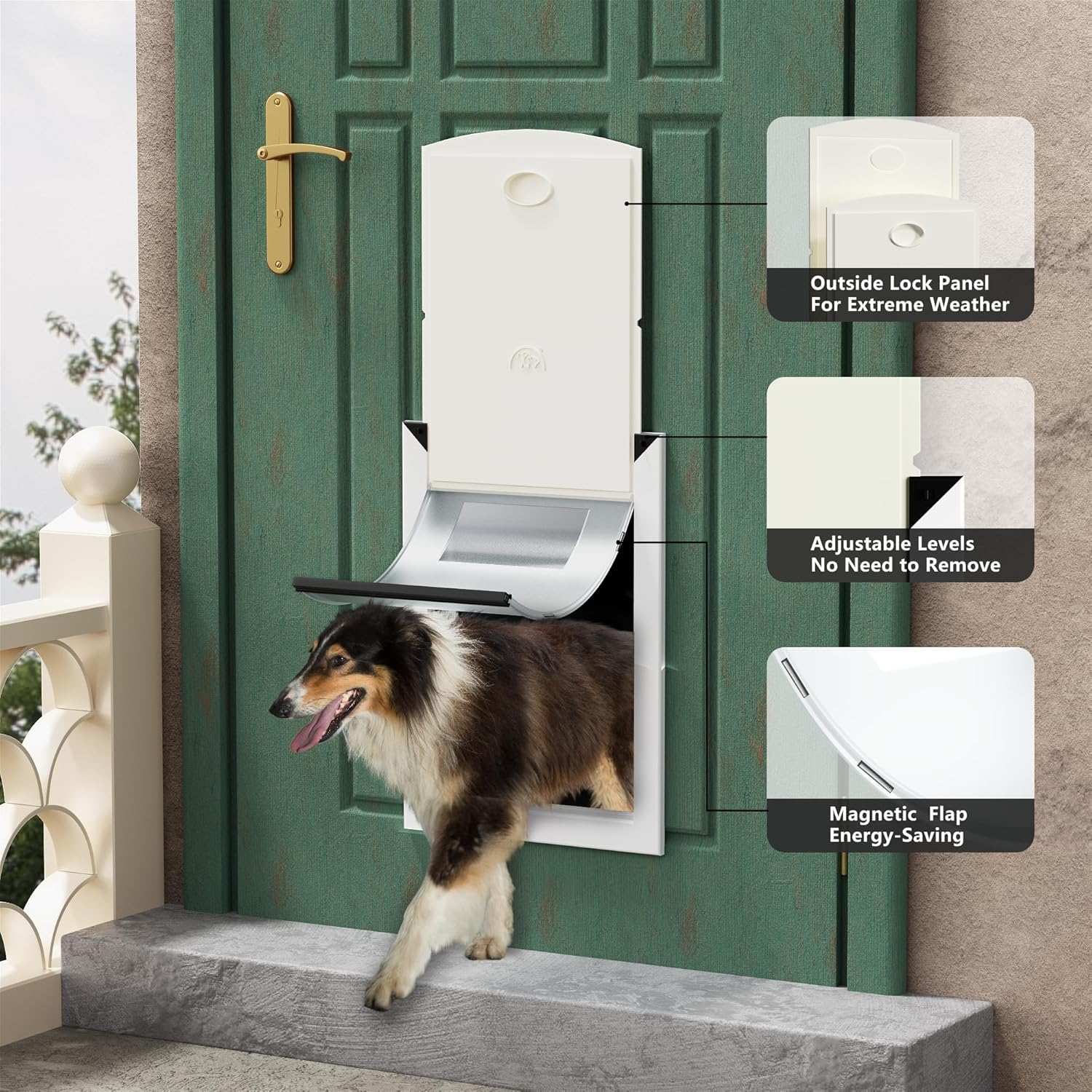 RESCUMASCER Aluminum Dog Door - Large White with Double Magnetic Flaps & Sliding Lock Panels, Pet Door for Dogs & Cats up to 40lbs (Model: RELAL32-1S