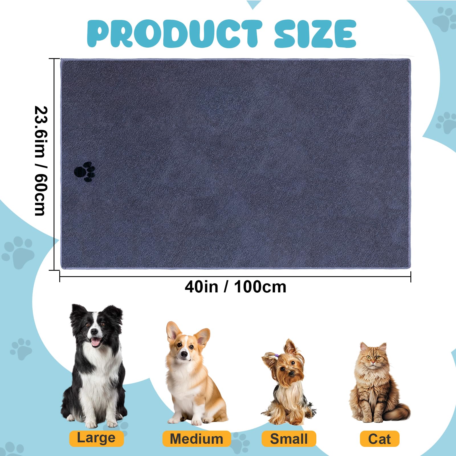 WOUSEDO Microfiber Dog Towels - 40'' x 23.6'', Super Absorbent, Soft, 2-Pack Grey, Perfect for Bath & Grooming Supplies