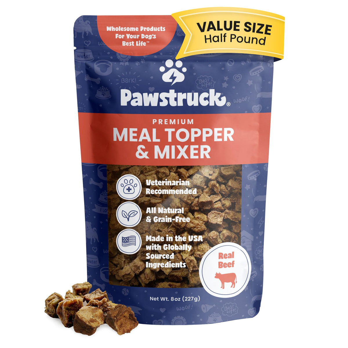 Pawstruck Vet Recommended Air Dried Dog Food Toppers For Picky Eaters, Made In Usa With Real Beef, Premium All Natural Meal Mix-In Kibble Enhancer, 8 Oz, Packaging May Vary