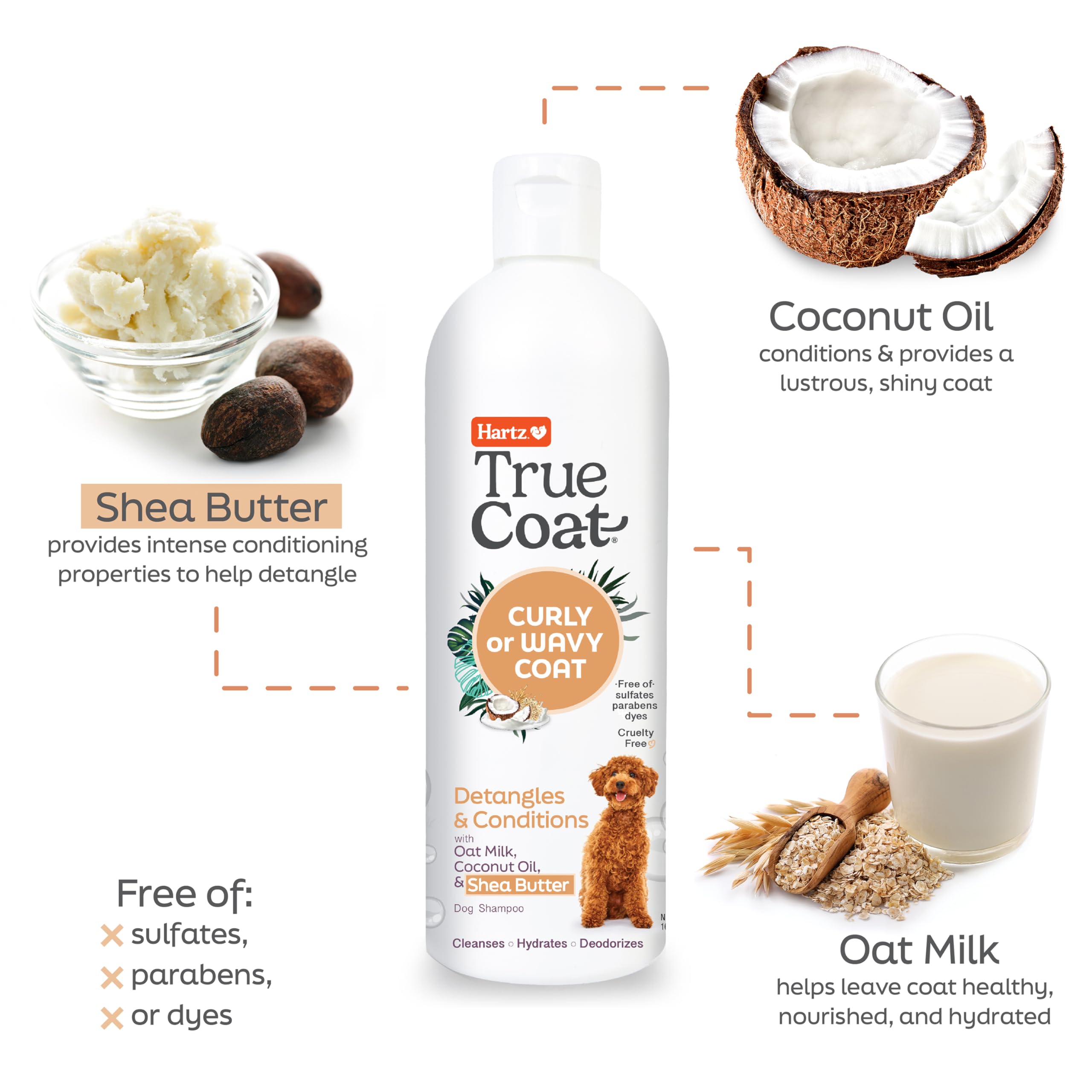 New! Hartz True Coat Curly Or Wavy Coat Specific Dog Shampoo, Detangles & Conditions With Oat Milk, Coconut Oil & Shea Butter