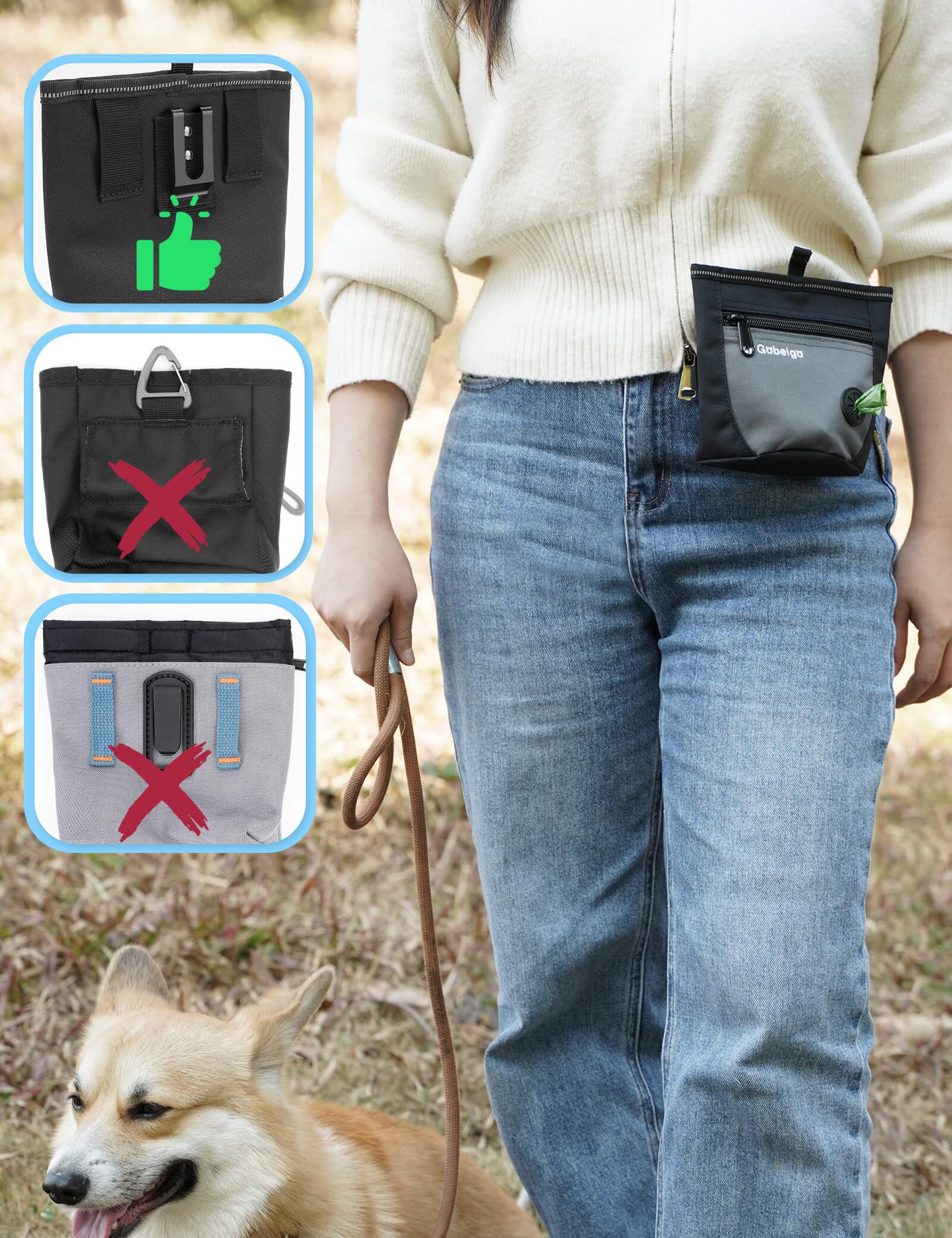 Gobeigo Dog Treat Pouch and Training Clicker, Upgrade Two Magnetic Closure to Prevent Spills, 2 Cup Treat Bag with Poop Bag Disp