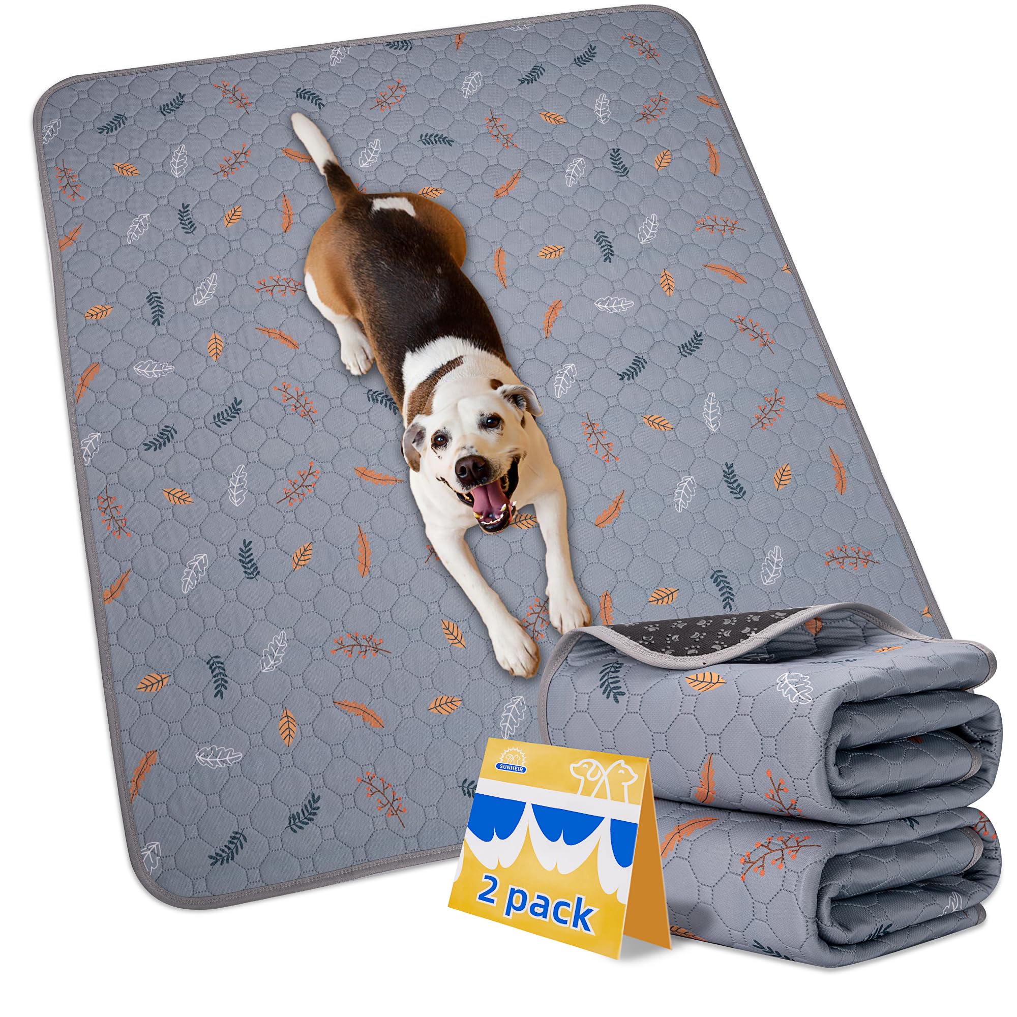 Sunheir Washable Pee Pads For Dogs 2-Pack Reusable Puppy Pads Pet Training Pads, Waterproof Dog Pee Pads For Crate, Whelping Pad, Non-Slip Protects Against Urine Leakage (Leaves - Light Grey, 24X36)