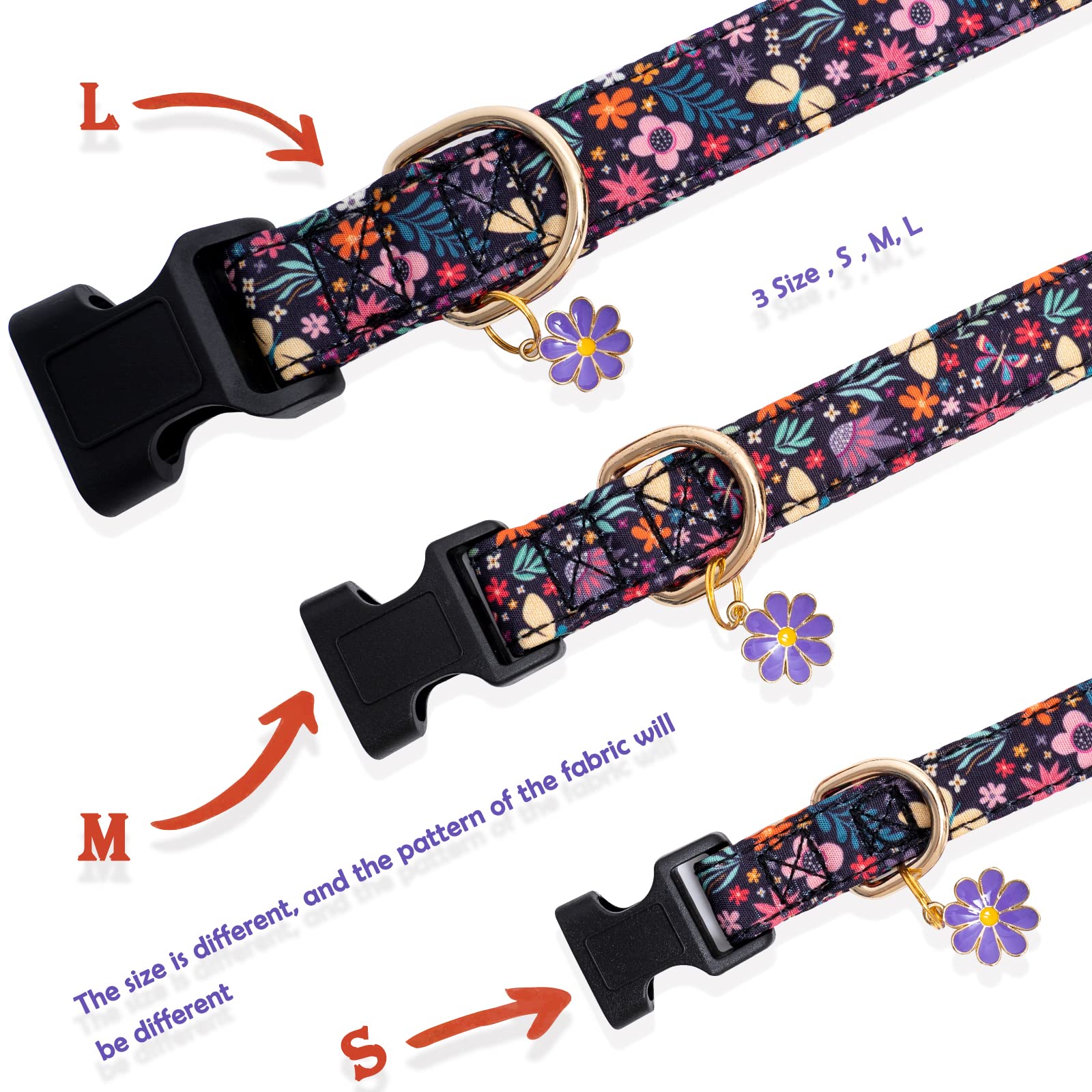 Faygarsle Cotton Designer Dogs Collar Cute Flower Dog Collars For Girl Female Small Medium Large Dogs With Purple Flower Charms