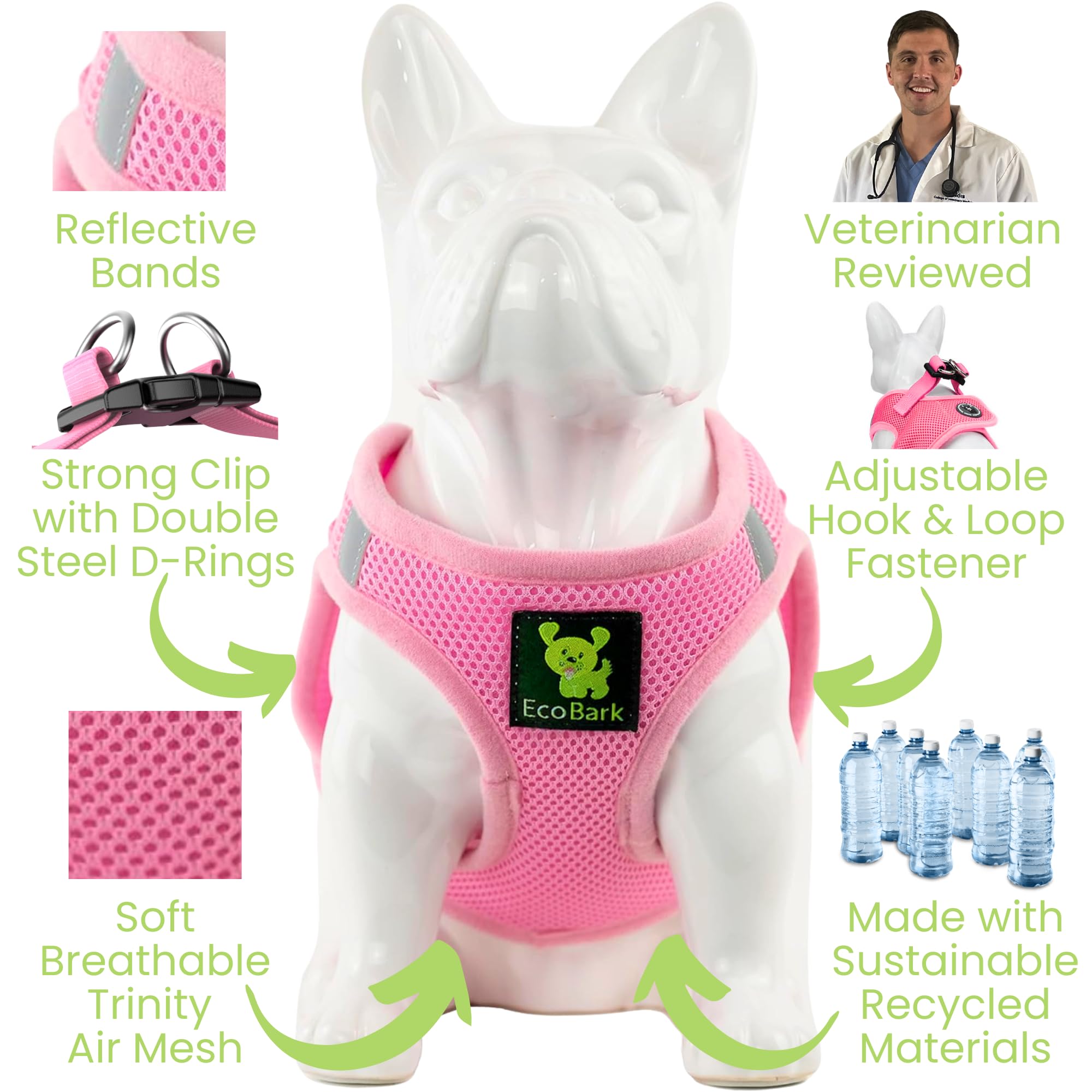 Ecobark Teacup Dog Harness - Step In Dog Harness, Eco Dog Harnesses For Xxs, Xs, And Small Dogs - Reflective And Adjustable Mini Body Halter Vest - Tiny Soft Mesh Toy Breed Harness (Baby Pink, Xxxs)