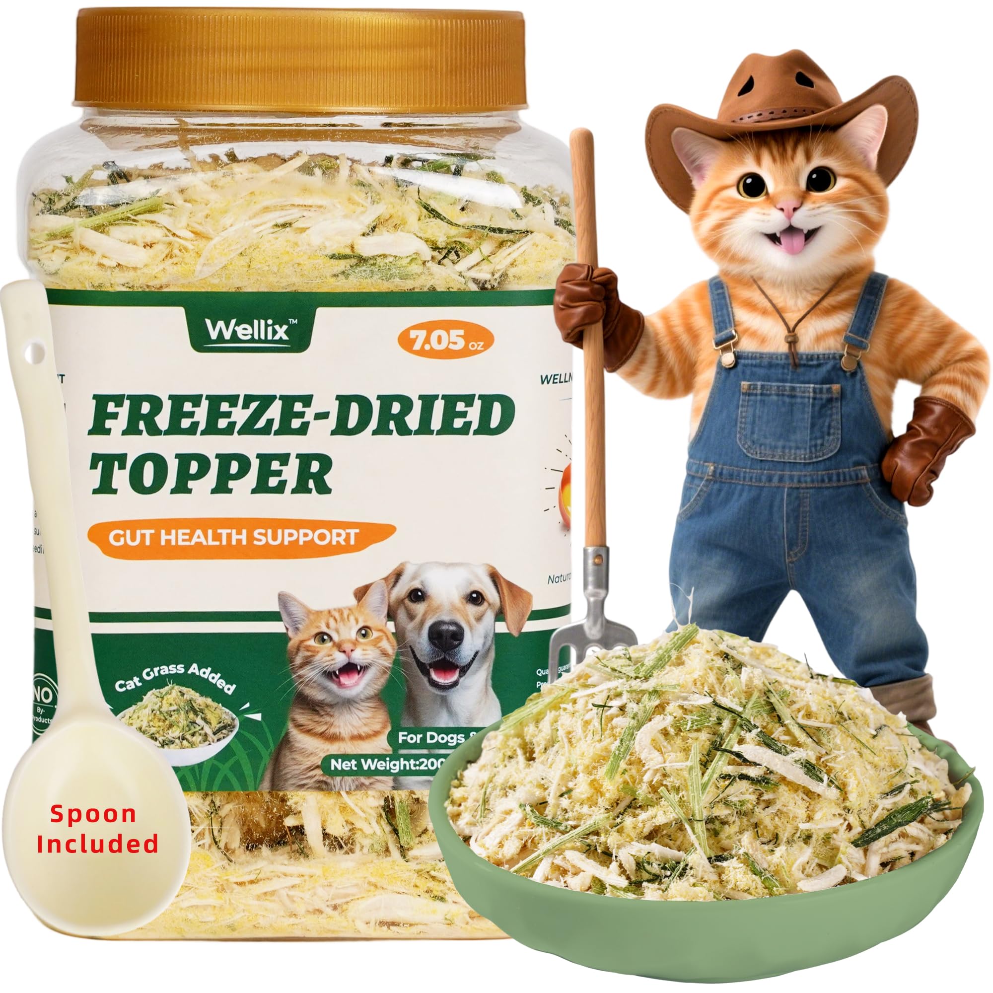 Wellix Dog & Cat Food Topper - Cat Grass Treats Freeze Dried Egg Yolk&Chicken Flavor Low Calorie - Hairball Control and Gut Heal