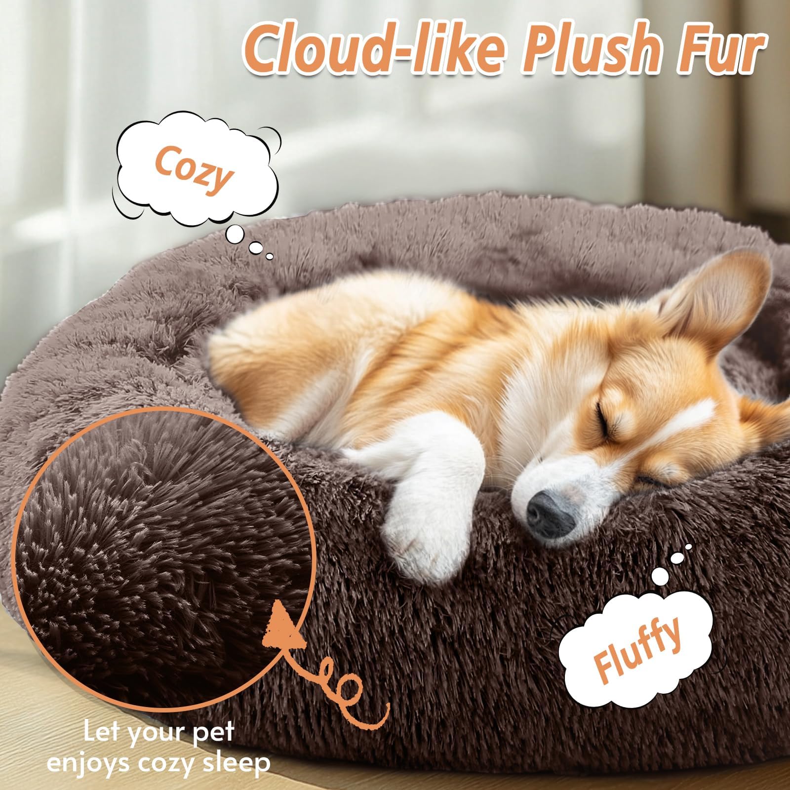 JOLLYVOGUE Calming Small Dog & Cat Bed for Indoor Cats - 20 inches Washable Donut Bed for Kittens & Puppies, Anti-Anxiety Round