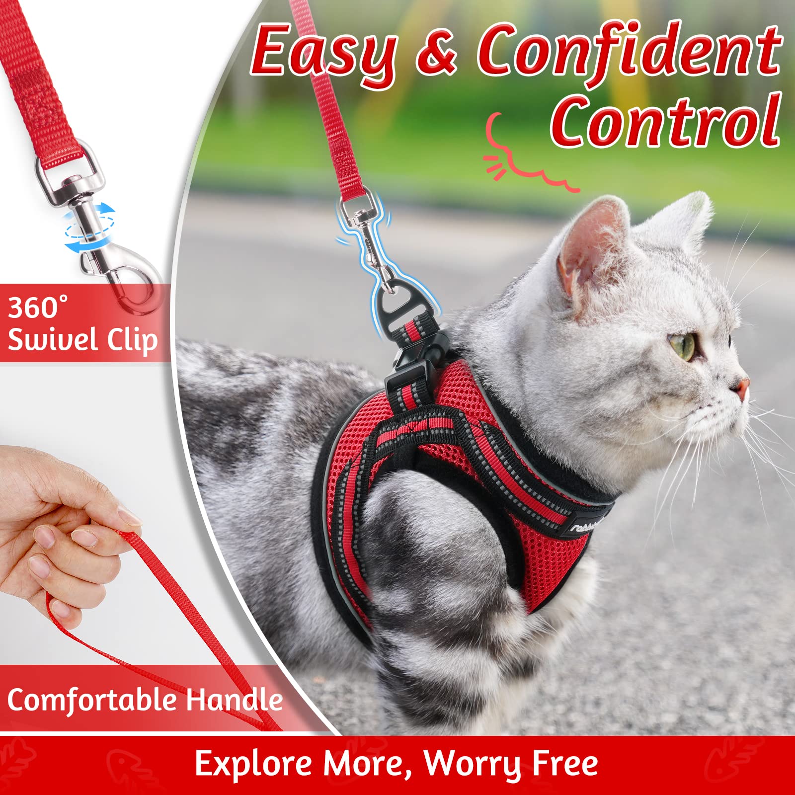 Rabbitgoo Cat Harness And Leash Set For Walking Escape Proof, Adjustable Soft Kittens Vest With Reflective Strip For Cats, Comfortable Outdoor Vest, Red, L