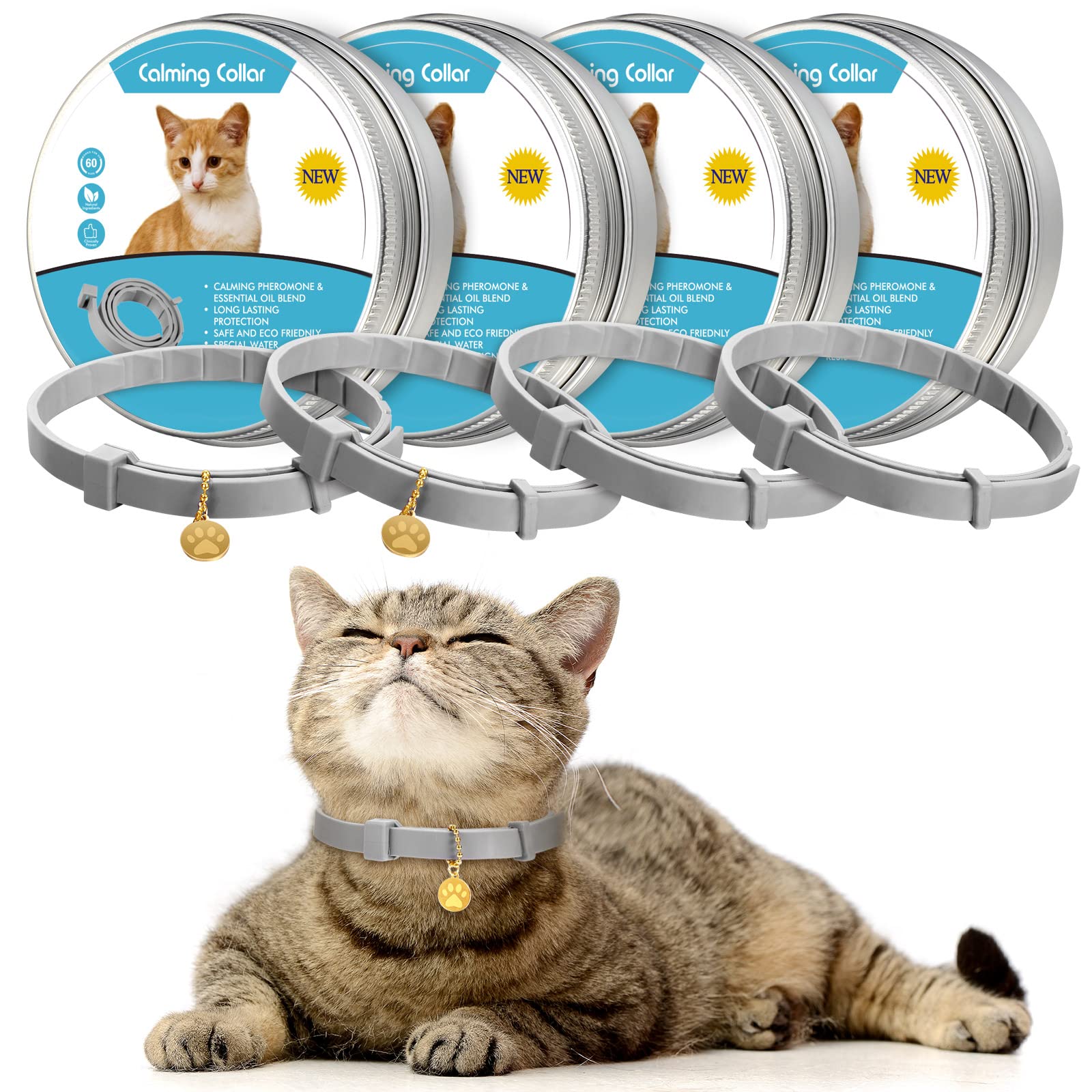4 Pcs Cat Calming Collar Adjustable Lavender Scent Relaxing Cat Collar With 2 Pendant For Puppies Reduce Stress Aggression Anxio