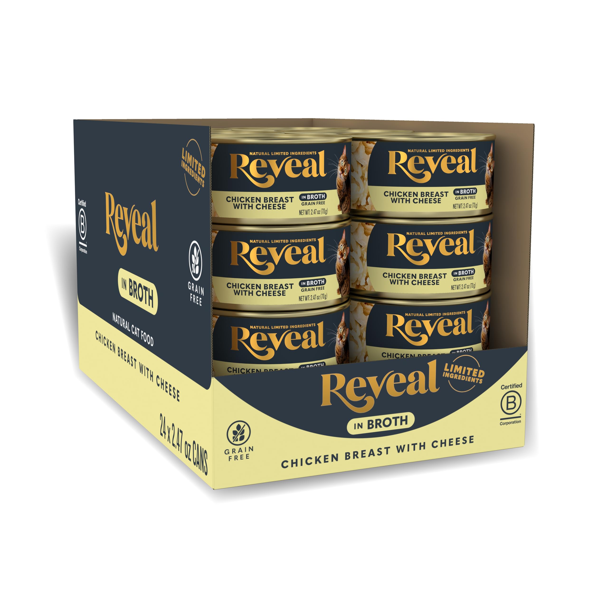 Reveal Natural Wet Cat Food, 24 Count, Grain Free, Limited Ingredient Canned Food for Cats, Chicken Breast with Cheese in Broth,
