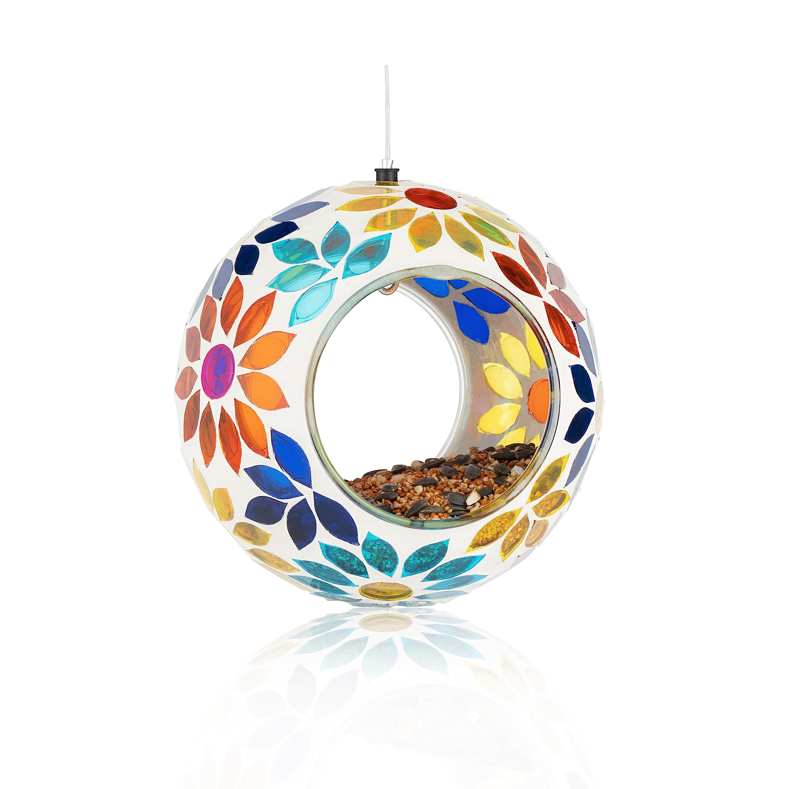 Backyard Expressions Hanging Glass Bird Feeder - Multicolor - Fly Through Bird Feeders for Outside, Mosaic Bird Feeder, Round Sh