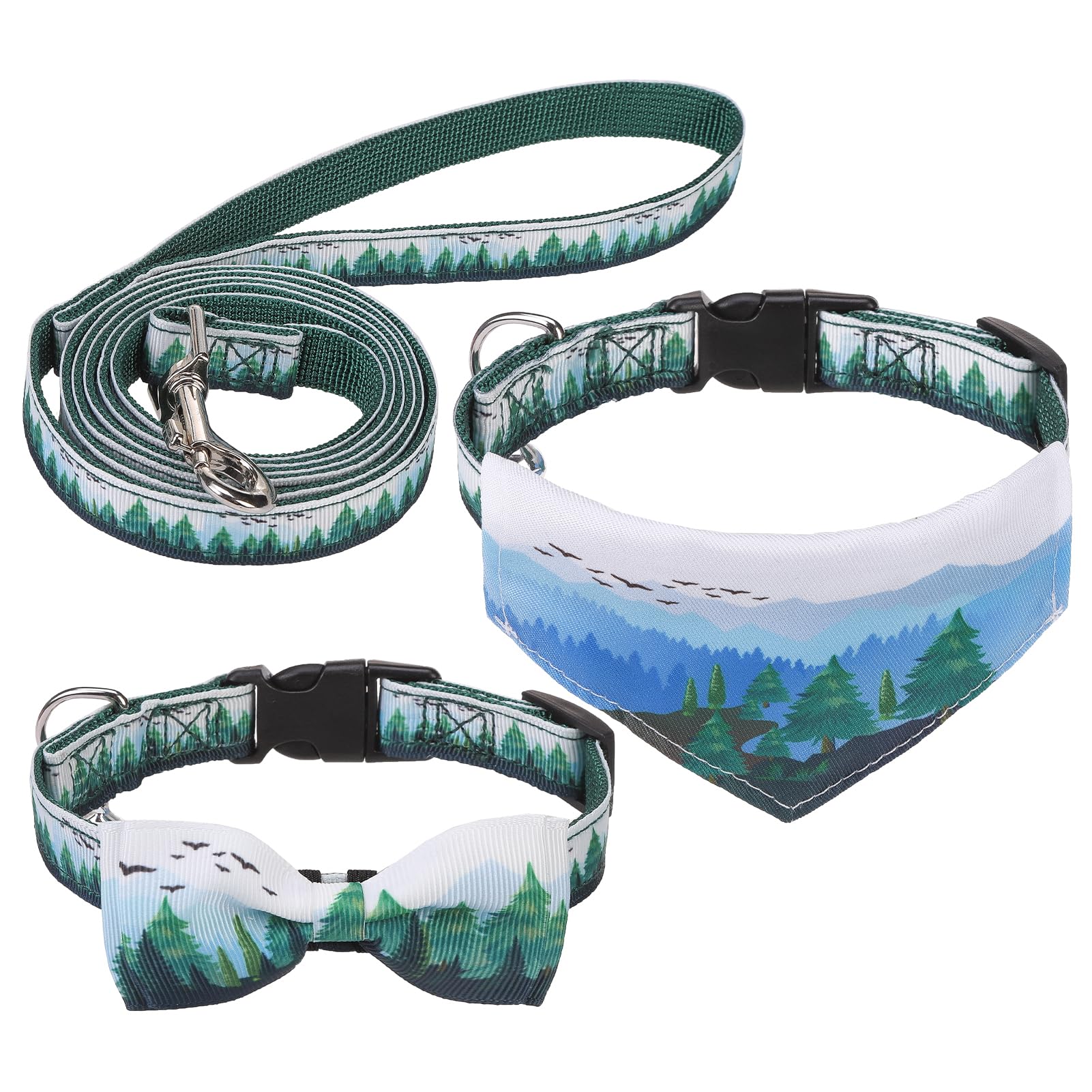 Expawlorer Small Dog Collar And Leash Set - Adjustable Dog Bandana Collar With Bell, Cute Dog Collar With Bow, Green Trees Patte