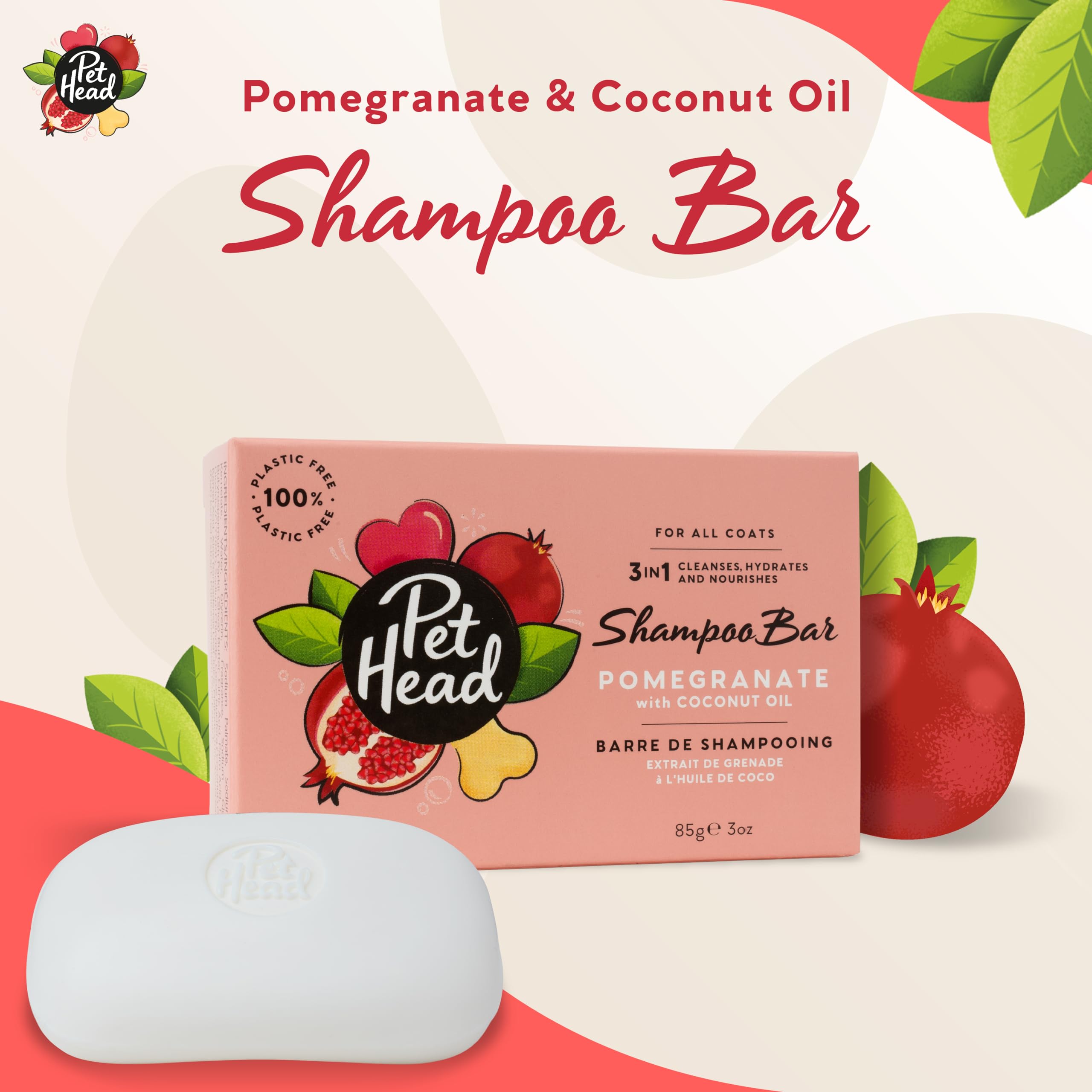 Pet Head Pomegranate Shampoo Bar For Dogs | 3In1 Cleanses, Hydrates & Nourishes All Dog Coats | With Oat Kernel Extract & Coconut Oil | Free Of Parabens & Sulphates | Gentle Formula For Puppies | 3Oz